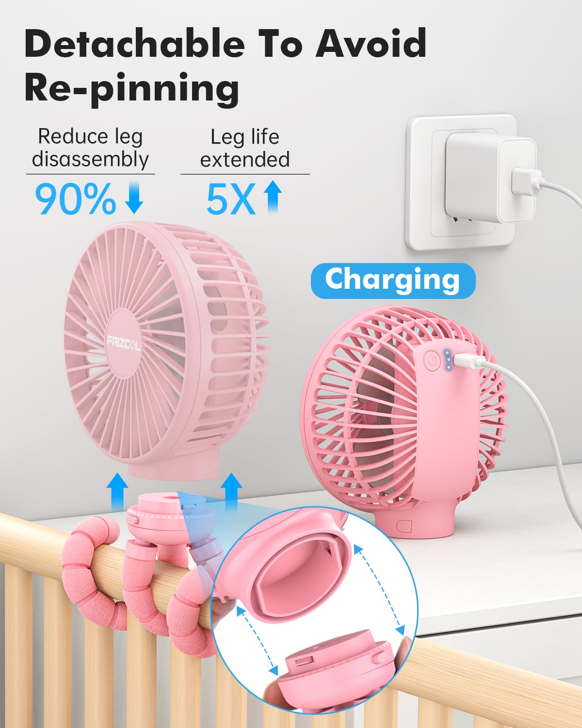 FRIZCOL Rechargeable Stroller Fan for Baby - Portable Clip On Fan with 24H Battery Life - Handheld, Car Seat, Desk & Camping Cooling Fan (Pink) | Perfect for Outdoor Activities, Nursery & Travel Use