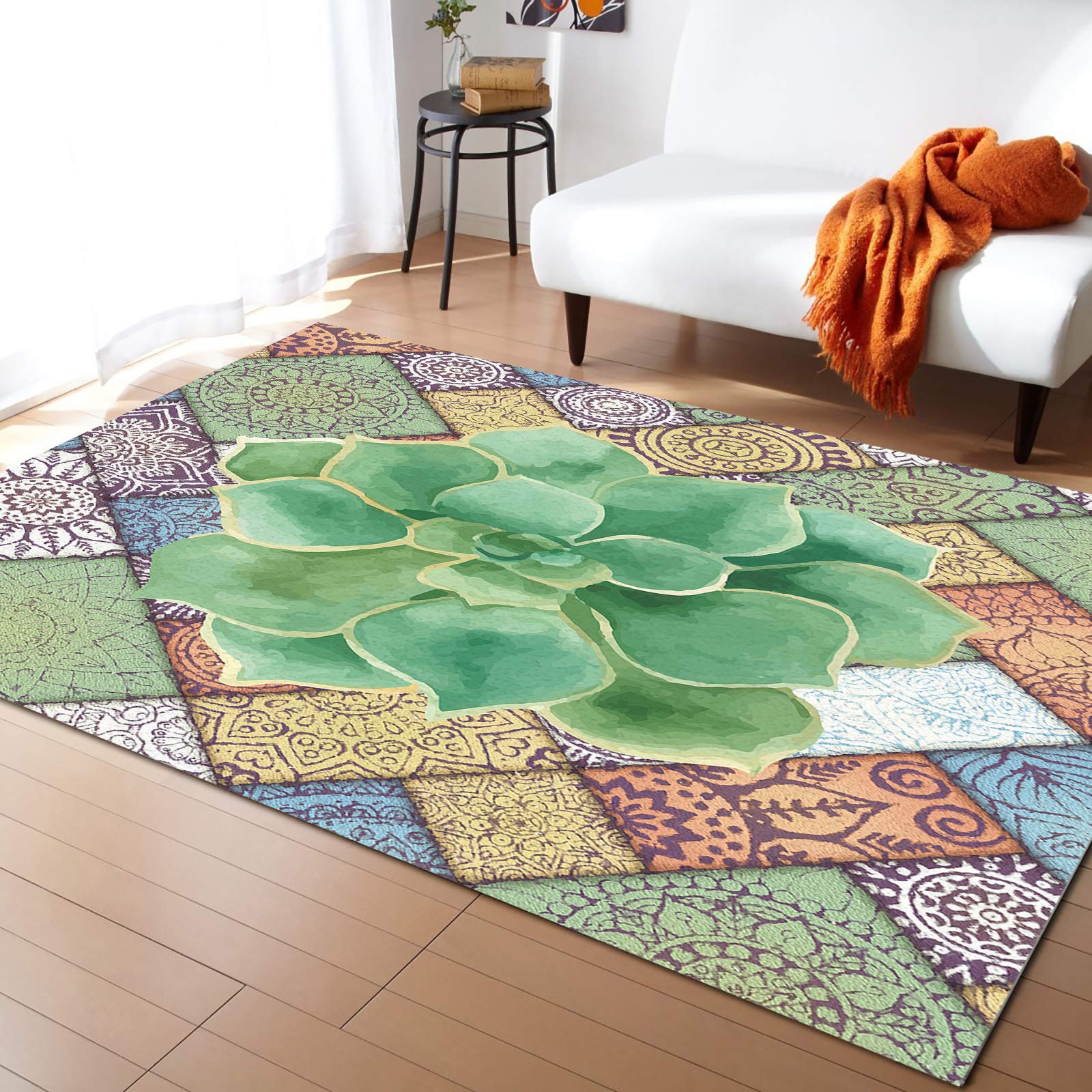 Non-Slip Contemporary Indoor Area Rug 5' x 7' - Watercolor Green Tropical Succulent Mandala Pattern, Fade-Proof Washable Rubber Backed Carpet for Living Room, Bedroom & Office - Perfect for Boho Decor, Yoga Space & Cozy Home Makeover