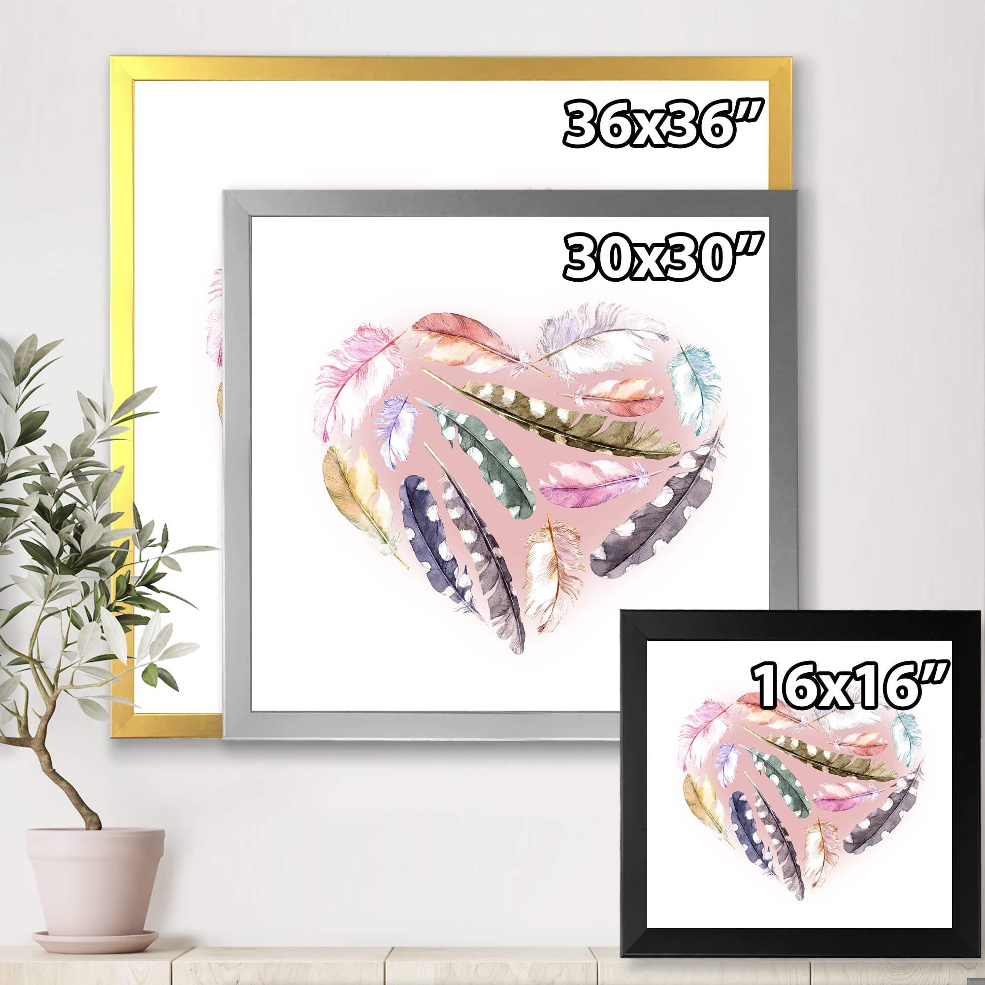 Bohemian Feather Heart Wall Art - Ethnic Eclectic Framed Decor for Living Room, Bedroom & Boho Home Decor