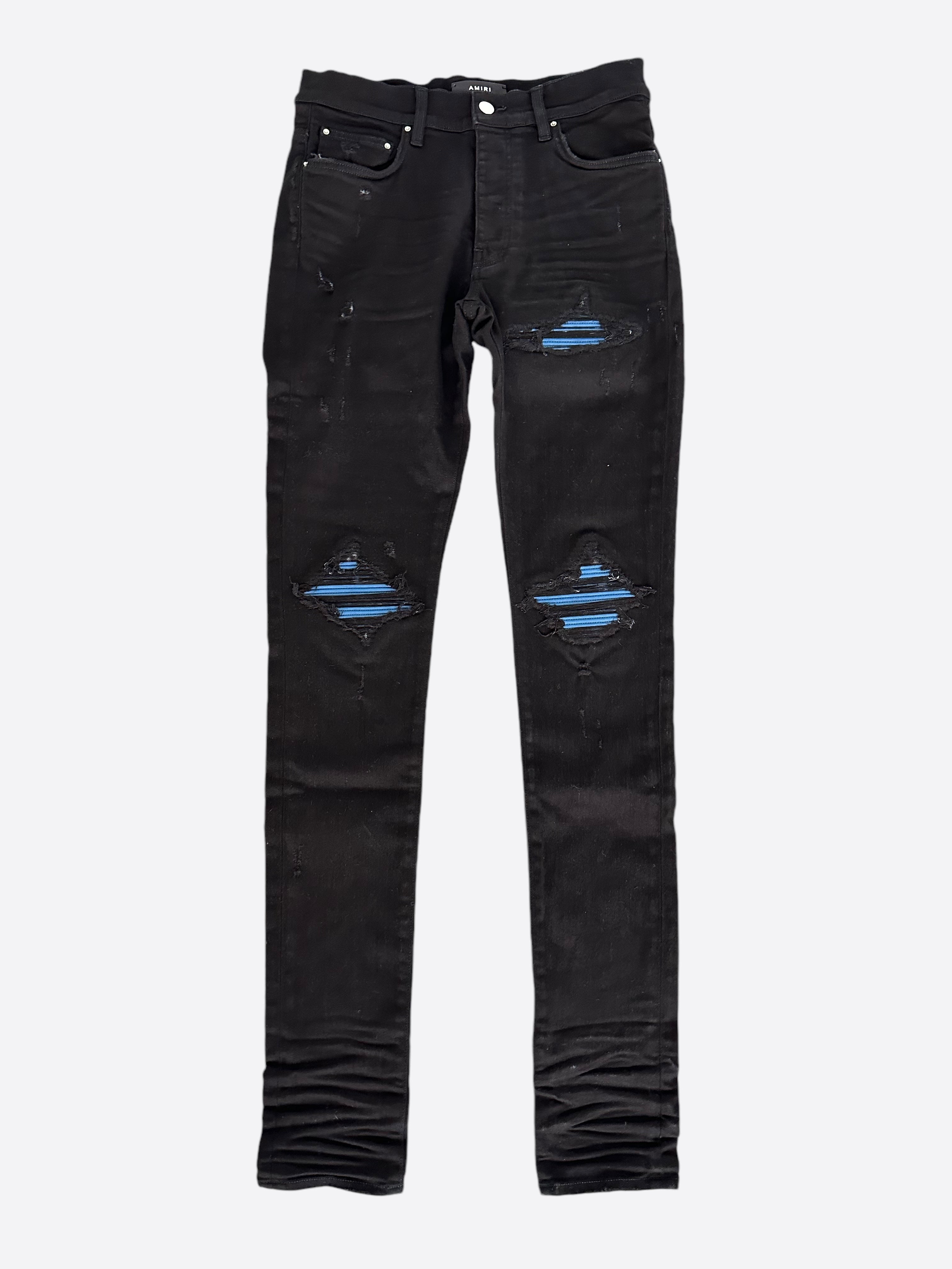 Amiri Aged Black & Blue Patch MX1 Jeans for Men - Distressed Denim Pants with Unique Patches | Perfect for Casual Wear, Street Style & Night Out