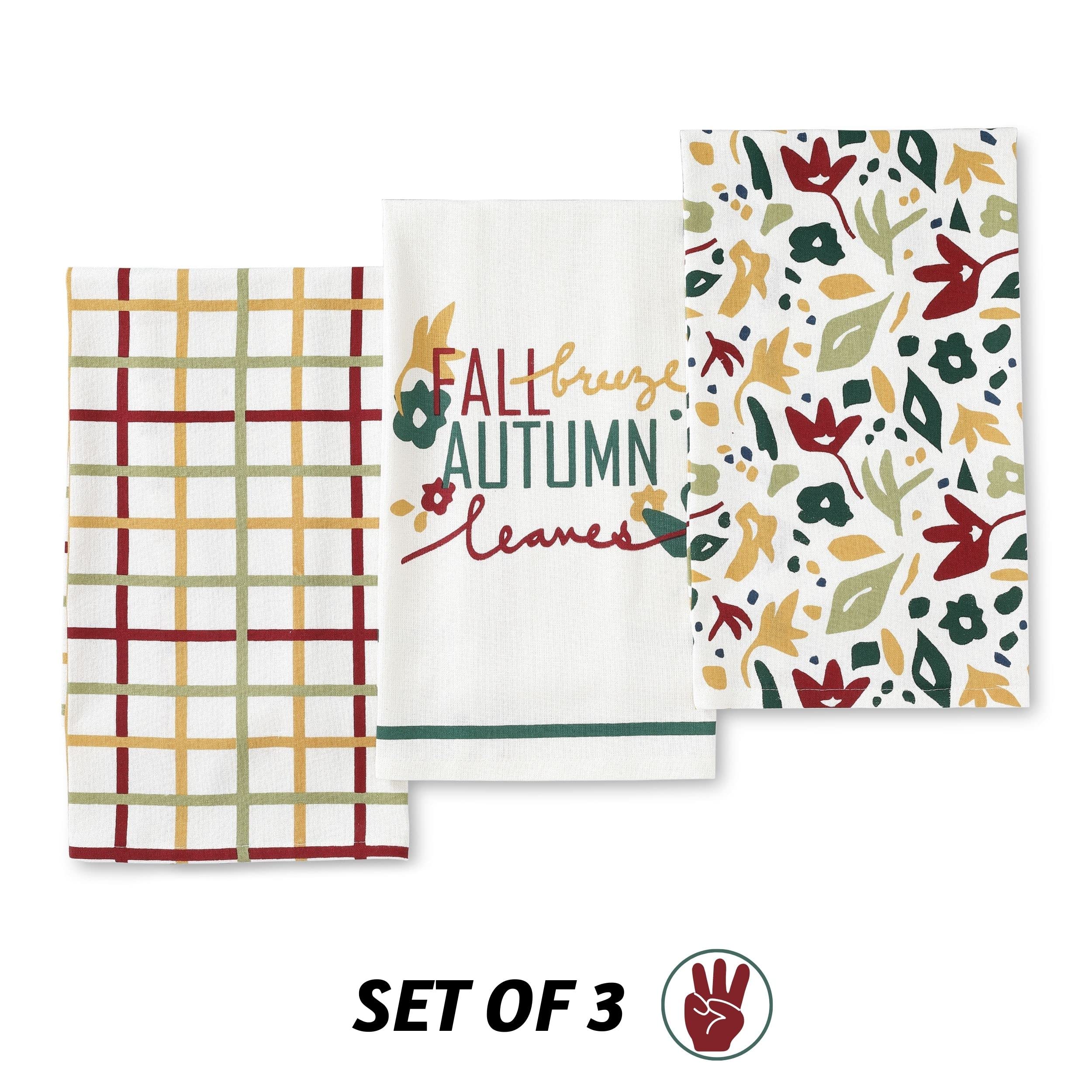 Folkulture Fall Kitchen Towels Set of 3 - 100% Cotton Absorbent Hand Towels, Tea Towels & Dish Towels with Hanging Loop (20