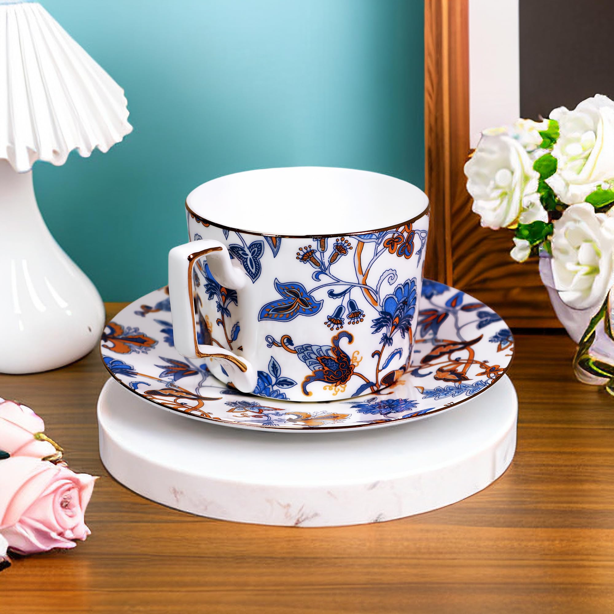 8.5 oz Floral Bone China Tea Cup and Saucer Set - Elegant Coffee & Tea Drinking Set for Women, Perfect Gift for Mom, Friends & Tea Parties (Home, Office, Bridal Shower, Mother's Day)