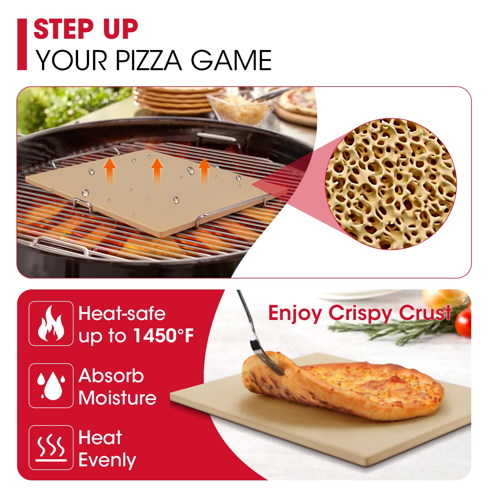 Unicook 15 x 12 Inch Cordierite Pizza Stone for Oven & Grill - Rectangular Baking Stone for Bread, Pizza, Pie & Cookies - Includes Carry Rack & Dough Scraper - Perfect for Home Baking, Outdoor Grilling & Restaurant Use