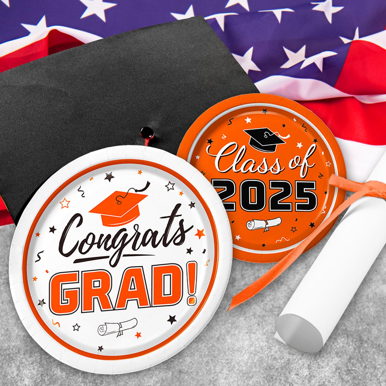2025 Graduation Party Supplies Kit - Orange Themed Tableware Set for 50 Guests | Disposable Dinner Plates, Dessert Plates & Napkins | Perfect for Class of 2025 Graduation Decorations & Celebration Parties