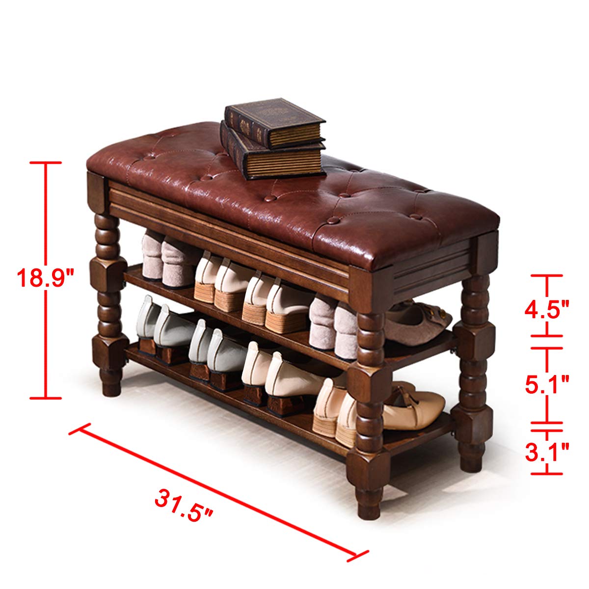 3-Tier Wooden Shoe Rack Bench with Storage - Entryway Shoe Organizer & Storage Bench for Hallway, Living Room (Dark Brown, 31.5