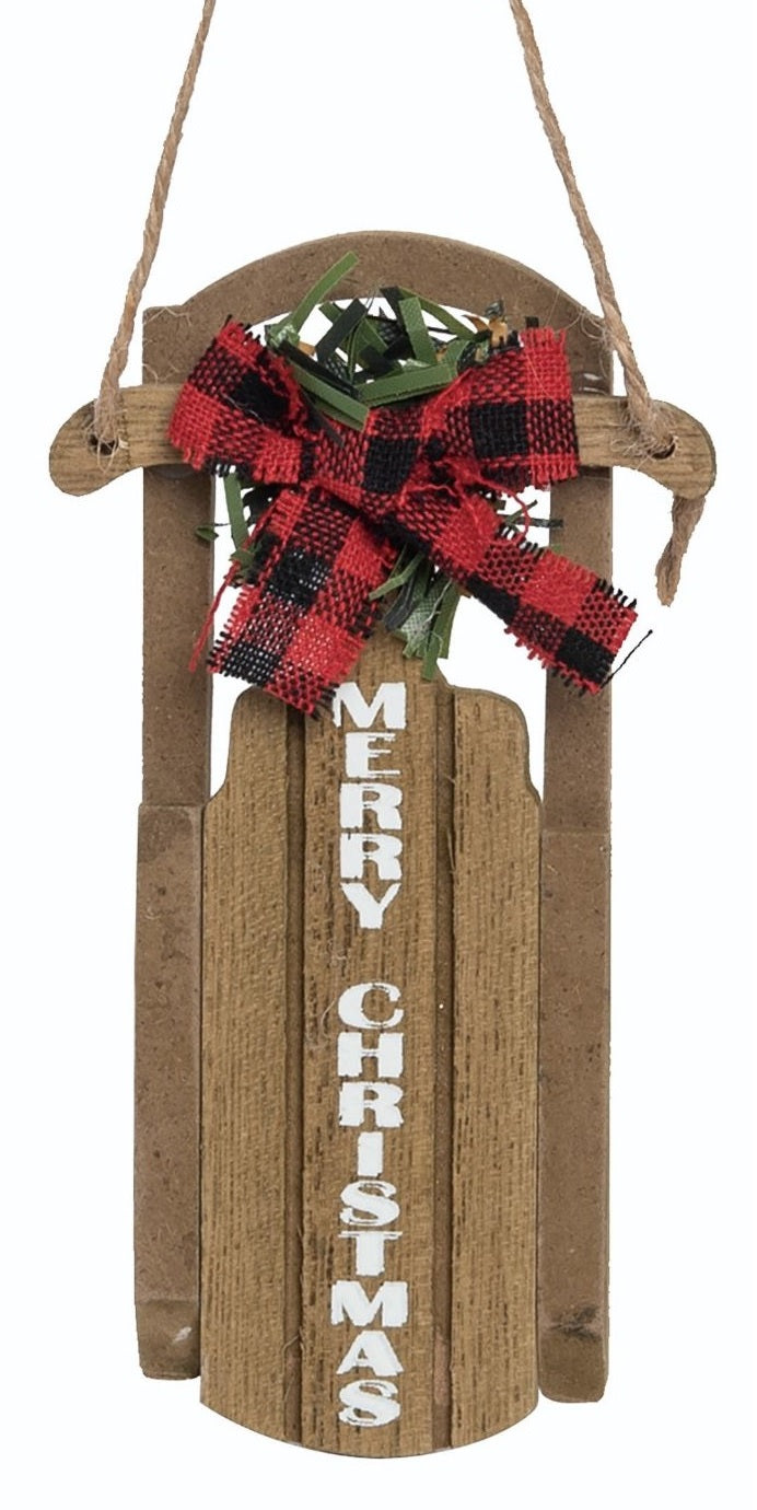4.75 Inch Wooden Plaid Christmas Sleigh Ornament - Rustic Holiday Decor for Tree, Gift, Mantel & Festive Home Decoration