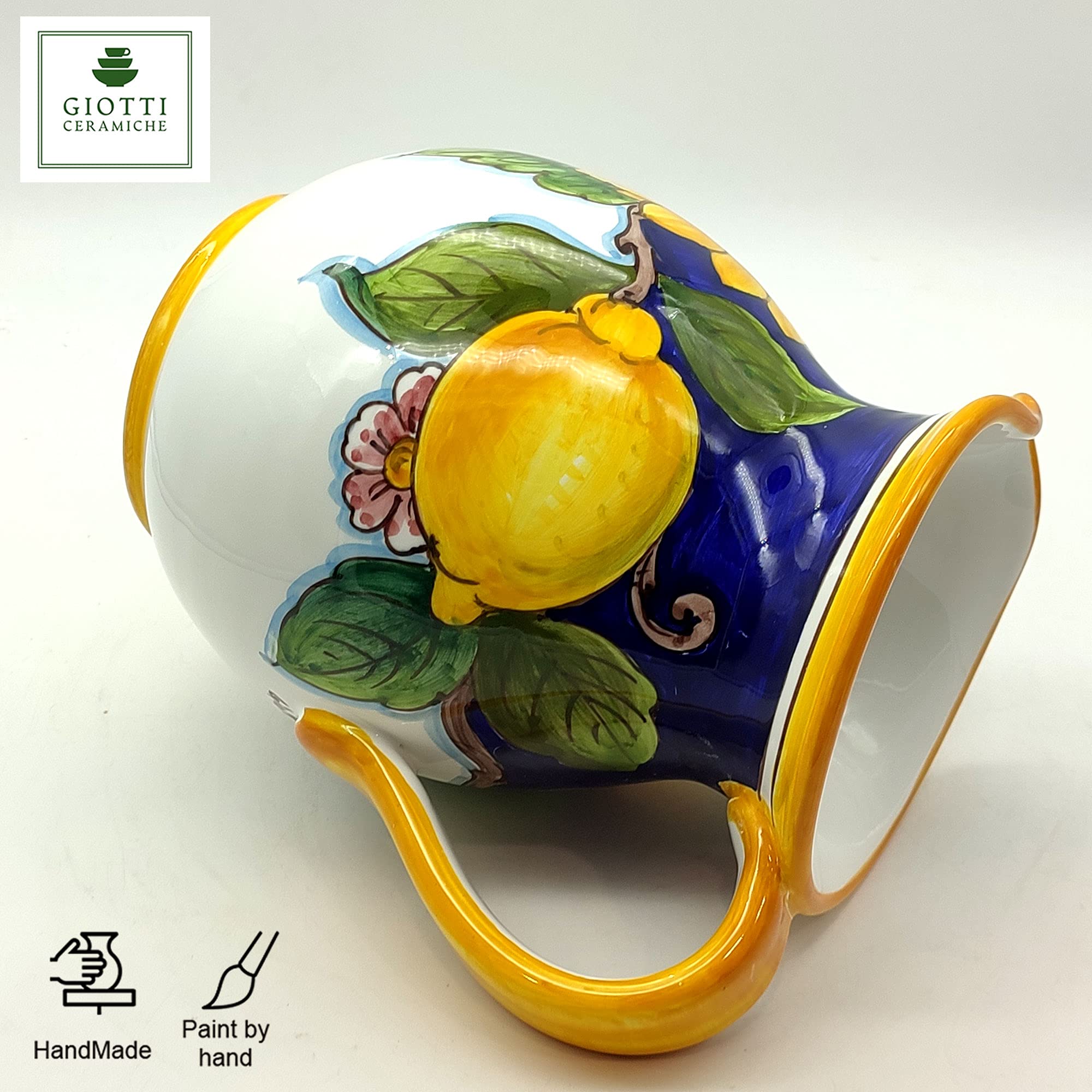 Italian Ceramic Pitcher with Lemon & Sunflower Design - 33 oz Hand-Painted Kitchen Carafe, Utensil Holder & Wine Vase - Authentic Tuscan Pottery from Italy - Perfect for Farmhouse Decor, Dining Table Centerpiece & Gift Giving