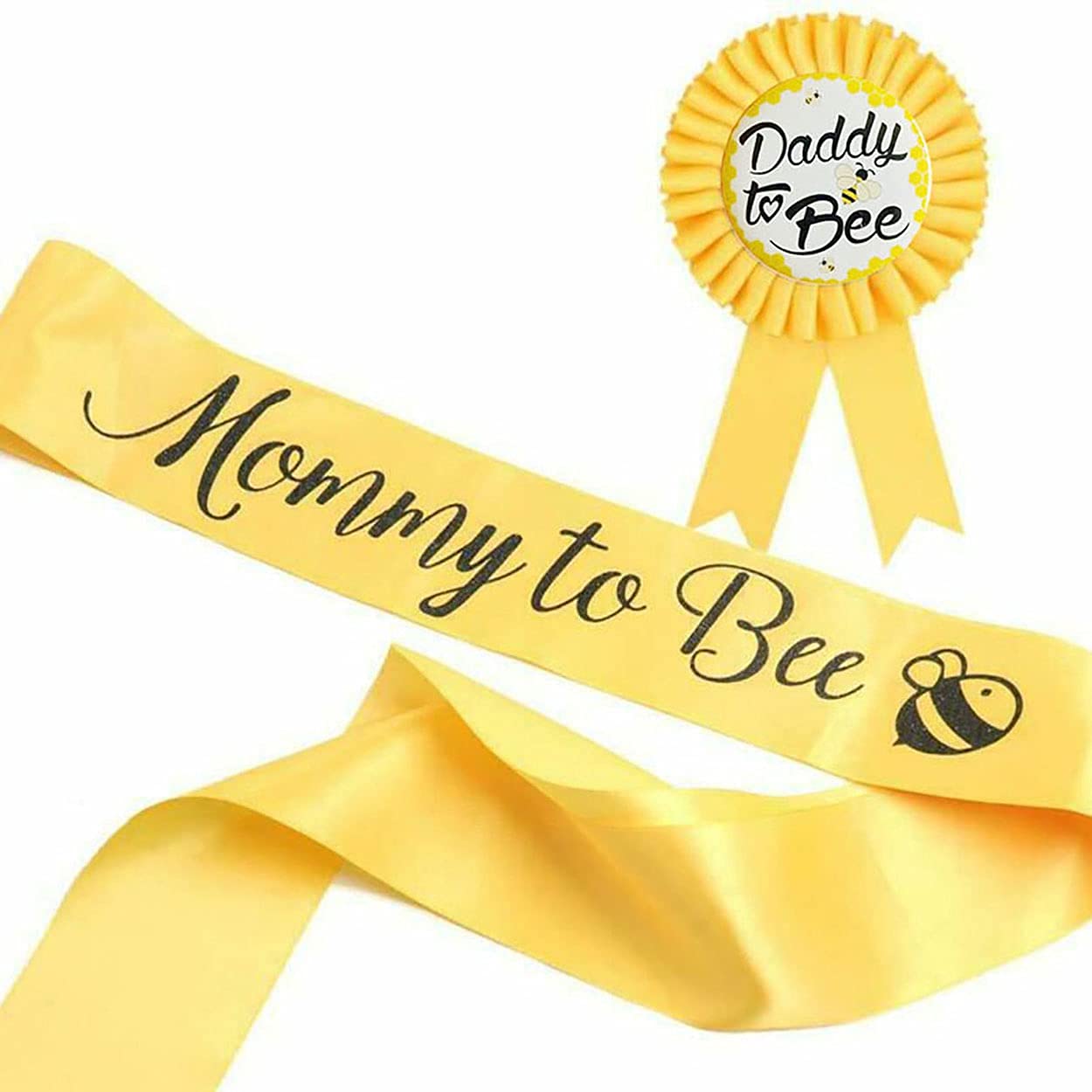 NEWHAPPYLAND Baby Shower Party Gender Reveal Sash - Yellow 'Mom to Bee' & 'Dad to Bee' Tin Badge Set - Perfect for Baby Shower Decorations, Gender Reveal Parties & New Parent Gifts