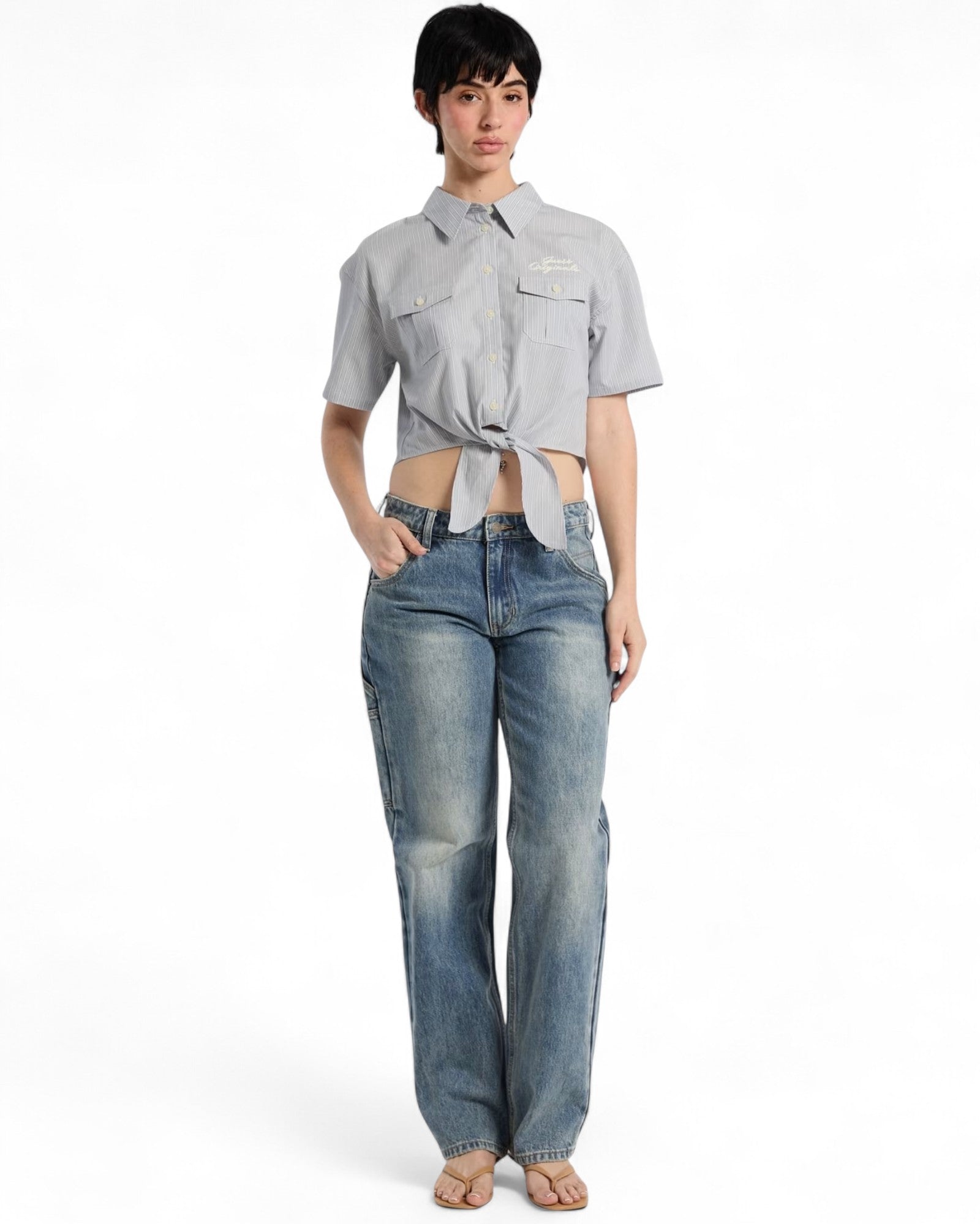 GUESS Originals Women's Workwear Tie Front Top - Stylish Casual Blouse for Work, Office, and Everyday Wear