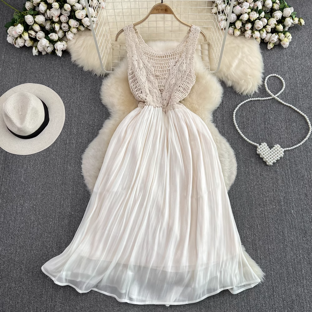 French Hollow Stitch A-Line Pleated Chiffon Summer Dress for Women - Elegant Flowy Skirt for Beach, Party & Casual Wear | Style 994