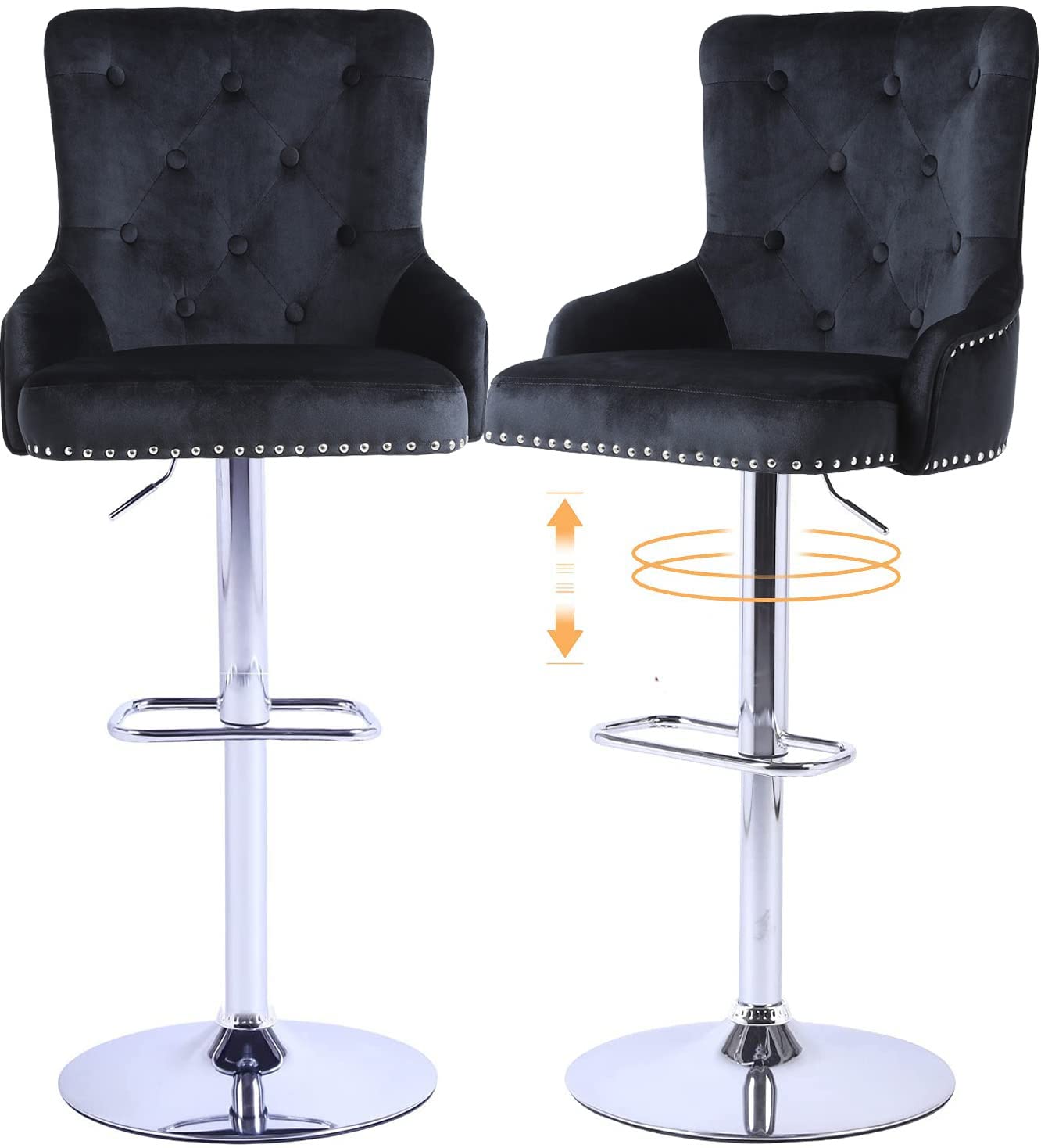 Adjustable Velvet Bar Stool Set of 2 - Swivel Kitchen Counter Height Stools in Black for Dining & Home Bar - Perfect for Kitchen Islands, Breakfast Nooks & Entertainment Areas