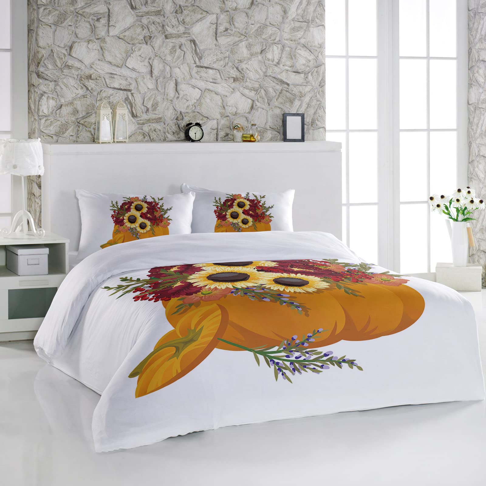 3-Piece Twin Duvet Cover Set - Soft Luxury Sunflower & Pumpkin Print Comforter Cover with 2 Pillow Shams - Thanksgiving Floral Bedding for Cozy Bedroom Decor | Perfect for Guest Rooms, Dorms & Seasonal Home Styling