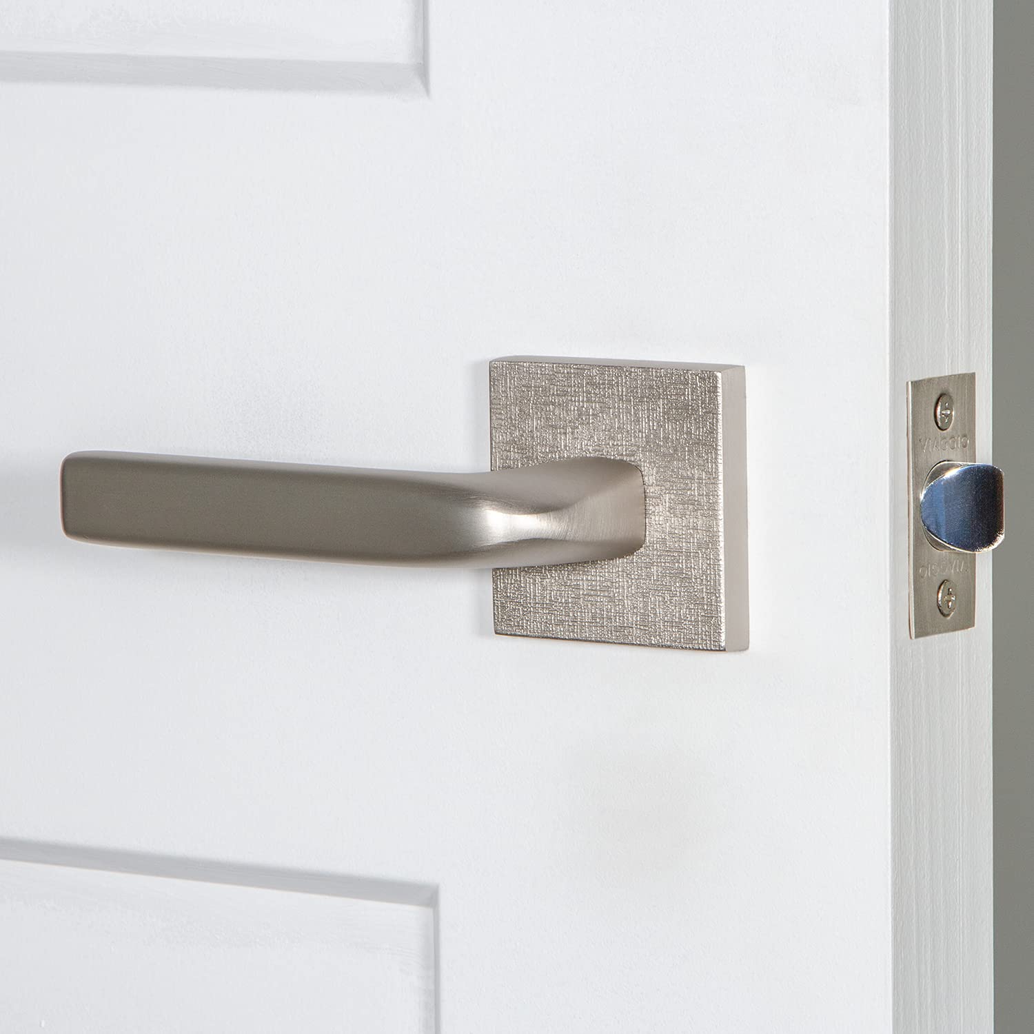 Viaggio Square Linen Rosette Passage Door Handle with Bella Lever in Satin Nickel - Right Handed for Interior Doors | Modern Home Hardware Upgrade