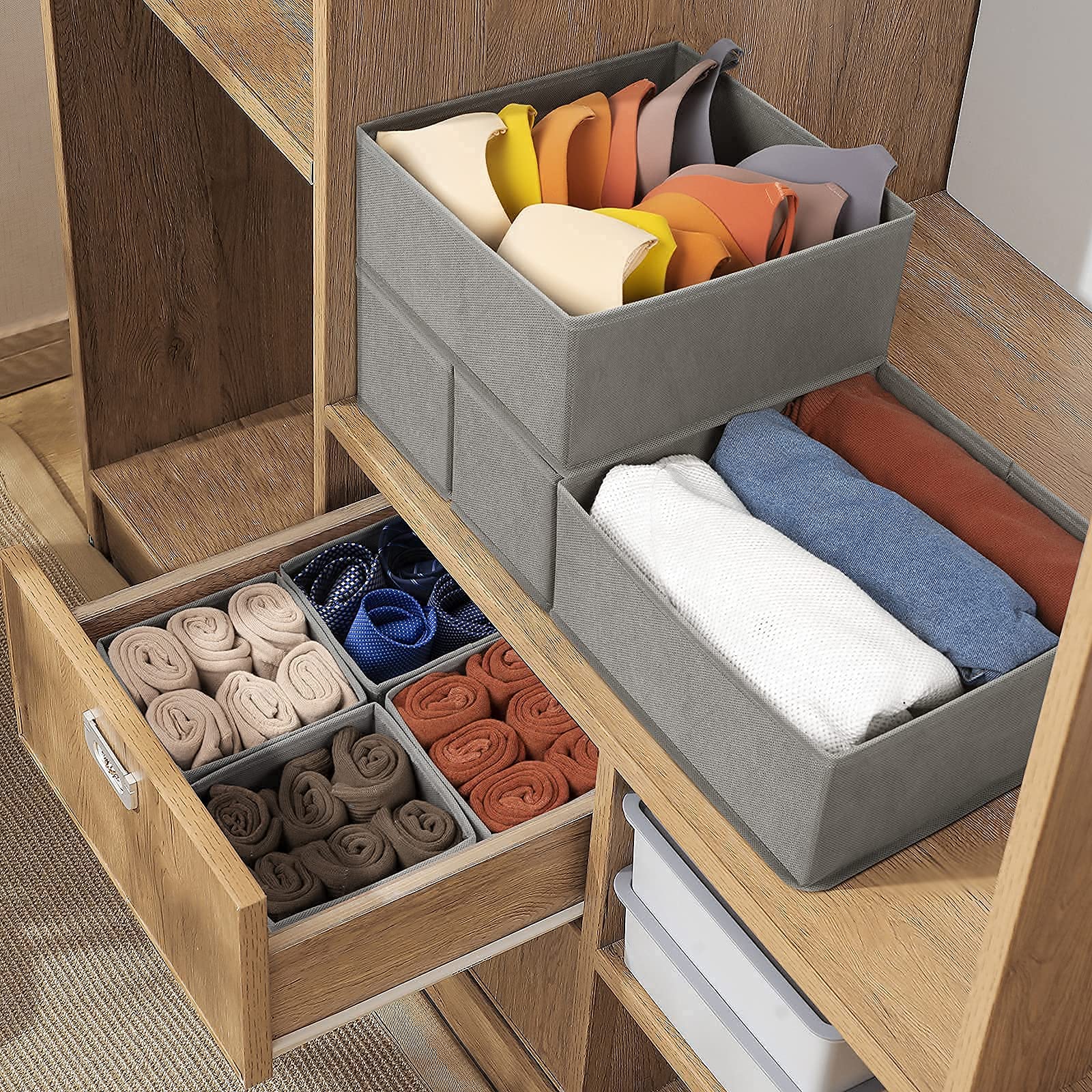 8-Pack 11-Inch Fabric Storage Cubes & 8-Pack Bra Sock Underwear Drawer Organizers - Closet Organization Solutions for Bedroom, Nursery, and Office Storage Needs