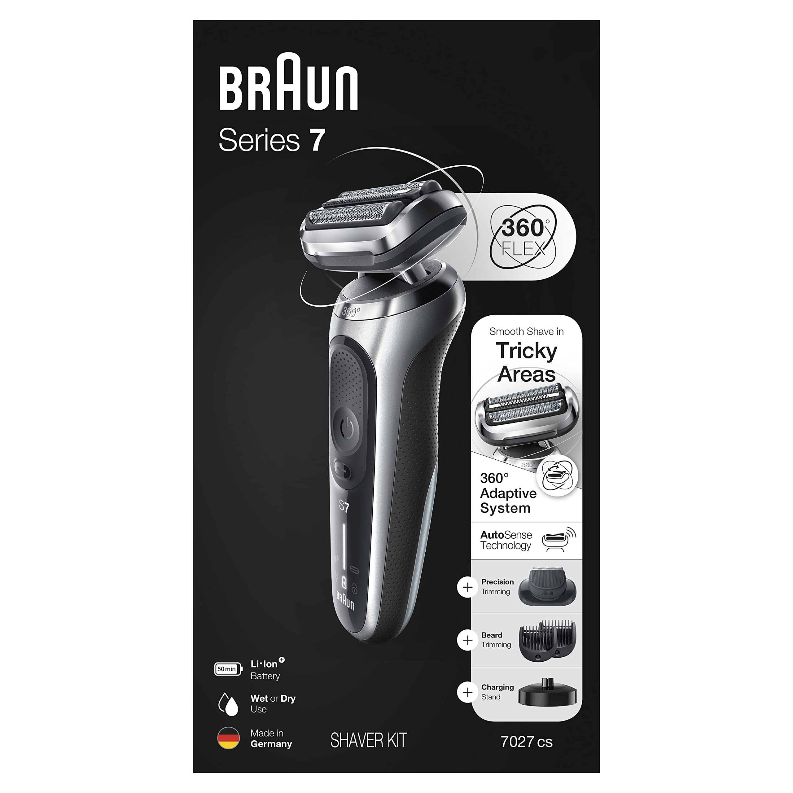 Braun Series 7 7027cs Men's Electric Shaver - Waterproof Foil Shaver for Wet & Dry Shaving with Beard Trimmer - Rechargeable Razor with Charging Stand & Travel Case (Silver Black) - Perfect for Home Use, Travel & Daily Grooming