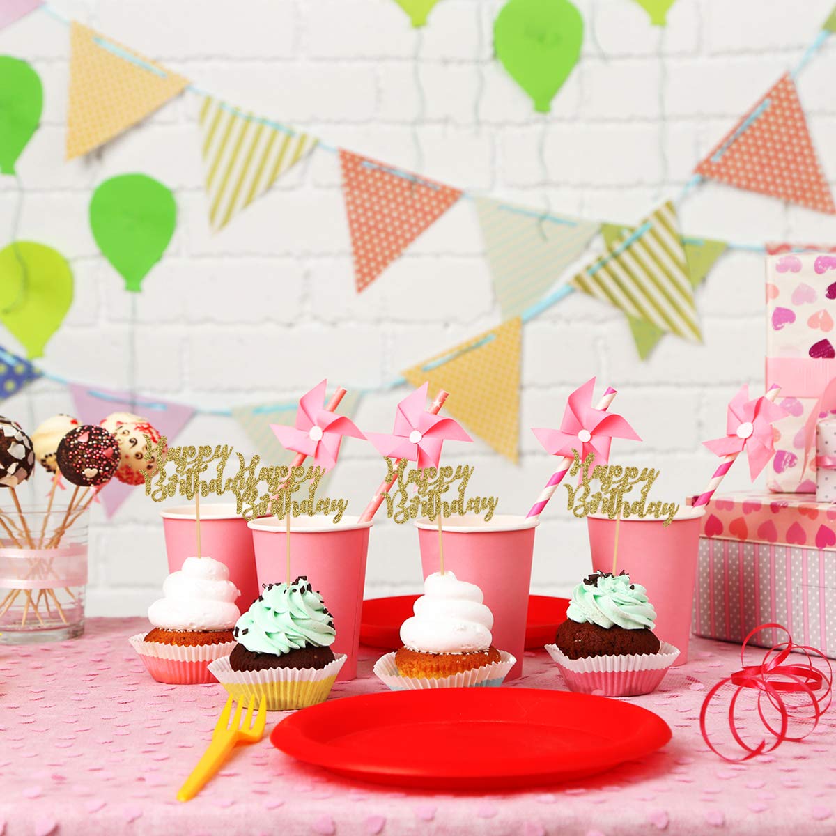 24-Pack Gold Glitter Happy Birthday Cupcake Toppers - Cake Decor Picks for Birthday Party Supplies - Perfect for Baby Showers, Weddings & Anniversary Celebrations