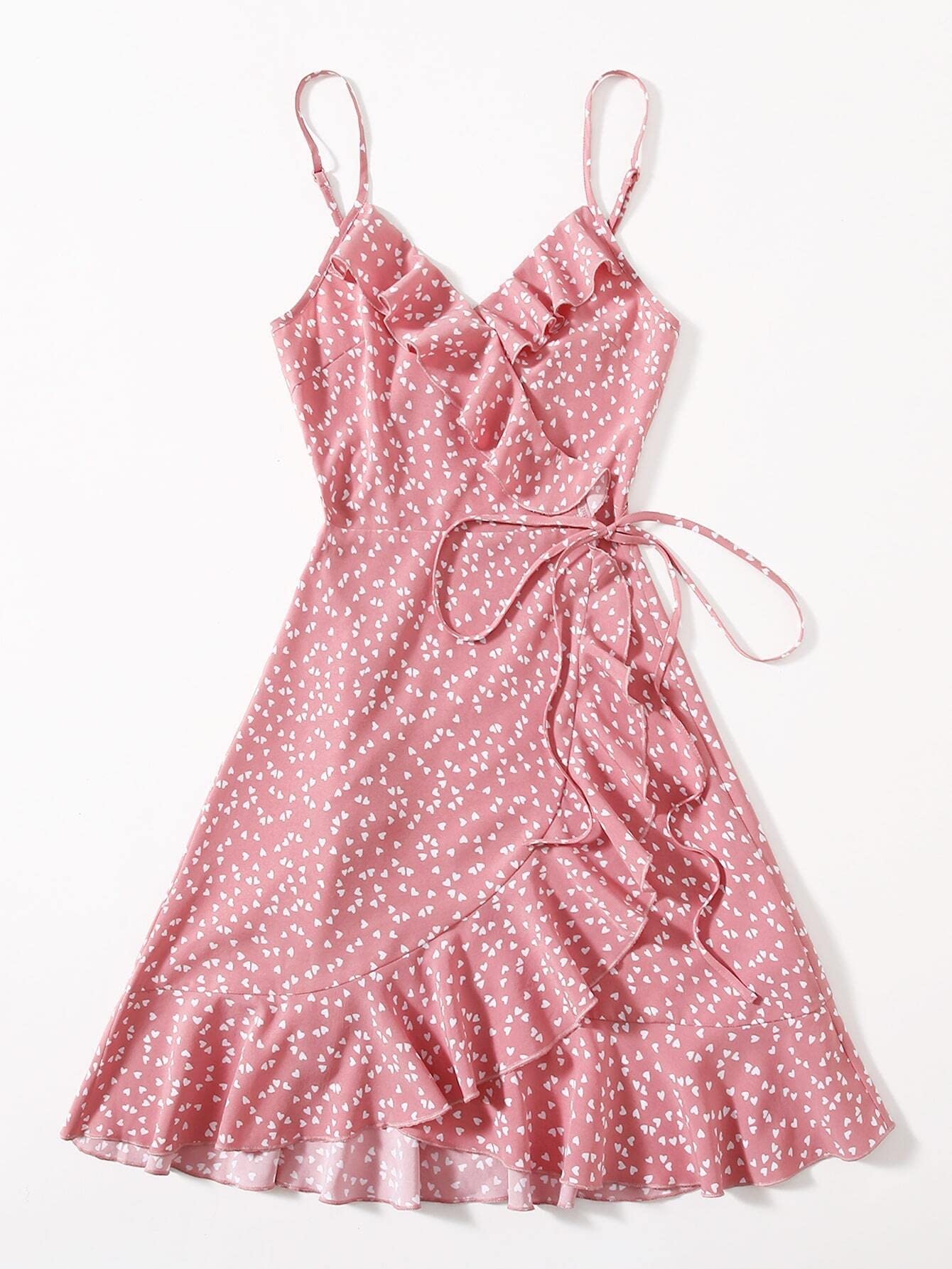 Women's Summer Wrap Dress - Floral Heart Print, Ruffled Cami Design for Beach, Party & Casual Wear | Lightweight & Comfortable Vacation Outfit