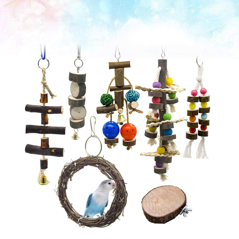Balacoo Natural Wooden Parrot Chew Toy - 7pcs Hammock Swing & Hanging Bird Cage Toys for Parrots, Parakeets & Small/Large Birds | Cage Decoration & Stress Relief for Pet Birds