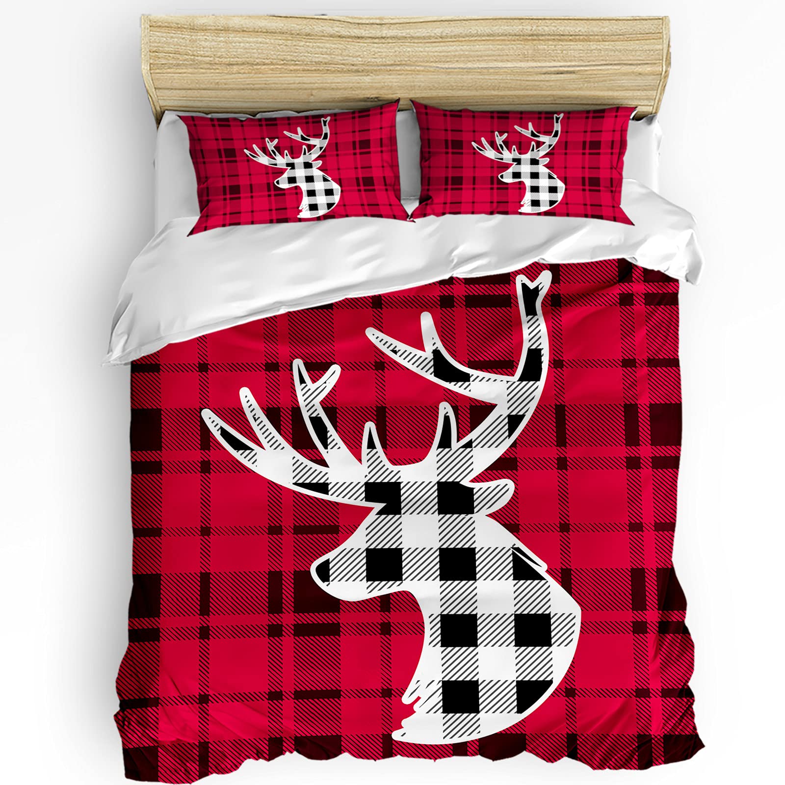 Christmas Elk Red and Black Lattice Queen Duvet Cover Set - Soft Bedding Set for Teens, Kids & Adults (1 Comforter Cover + 2 Pillowcases) - Cozy Holiday Home Decor for Winter Bedroom
