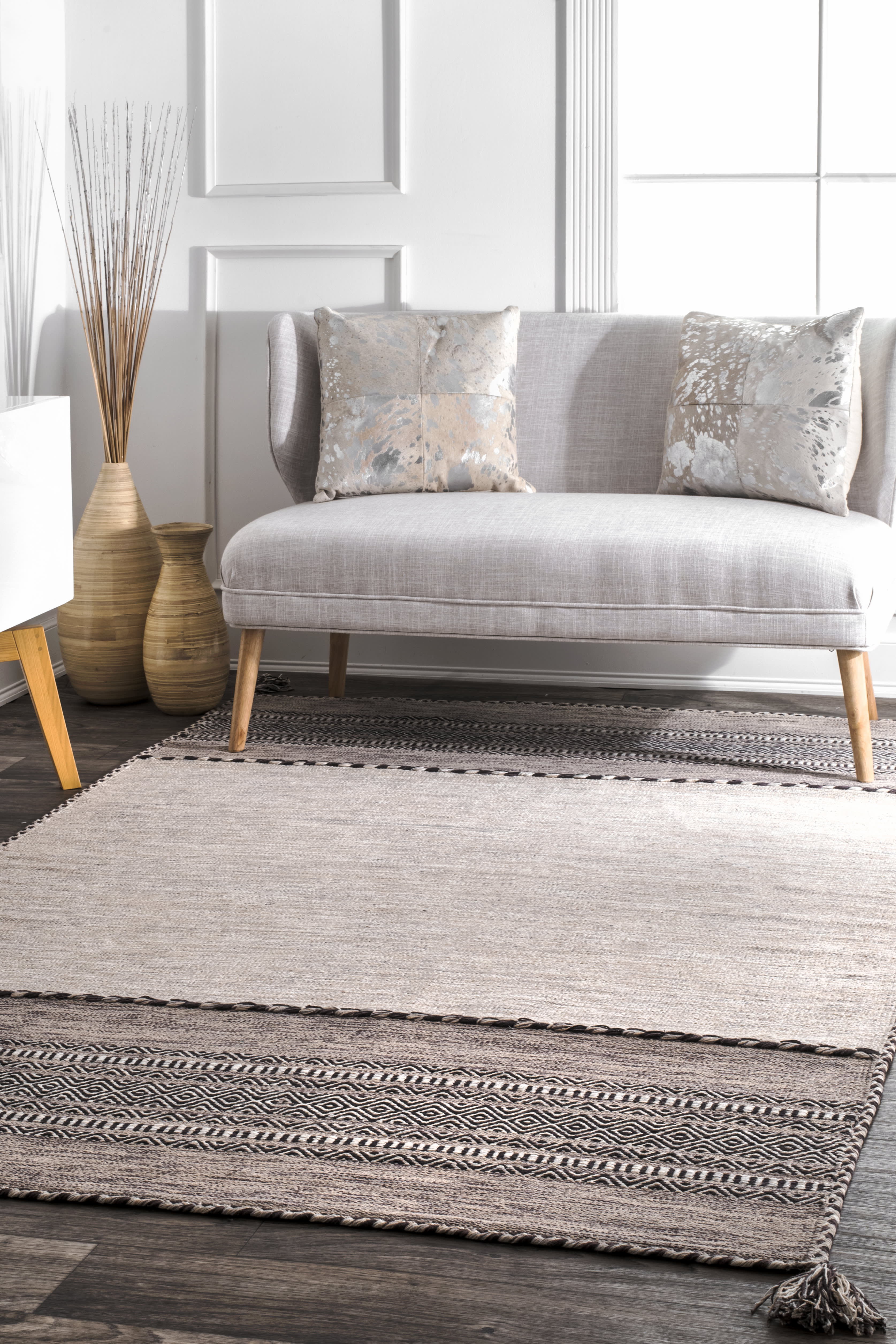 Luxury Diamond Banded Area Rug - Soft Light Beige Modern Carpet for Living Room Bedroom Decor | Home Decor & Interior Design
