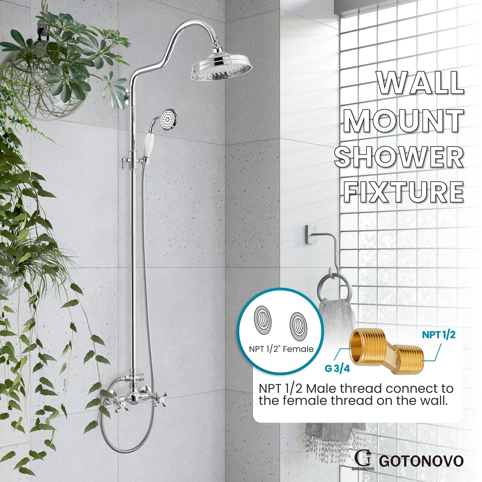 Luxury 8 Inch Wall Mount Rainfall Shower System - Exposed Shower Faucet Set with Adjustable Arc Rod, Handheld Spray & Cross Double Handle in Polished Chrome | Perfect for Modern Bathrooms, Spa-Like Experience, Master Suite Renovation