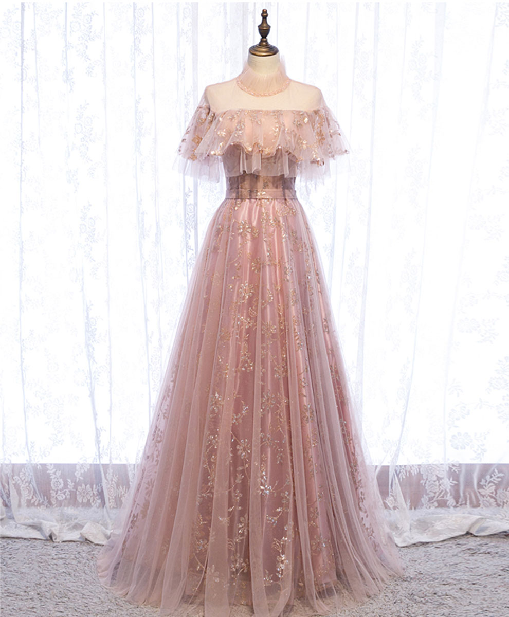 Elegant Pink Tulle Lace Long Prom Dress with Floral Embroidery - Formal Evening Gown for Homecoming, Quinceañera & Special Occasions - Perfect for Prom Night, Wedding Guest & Ballroom Dance Events
