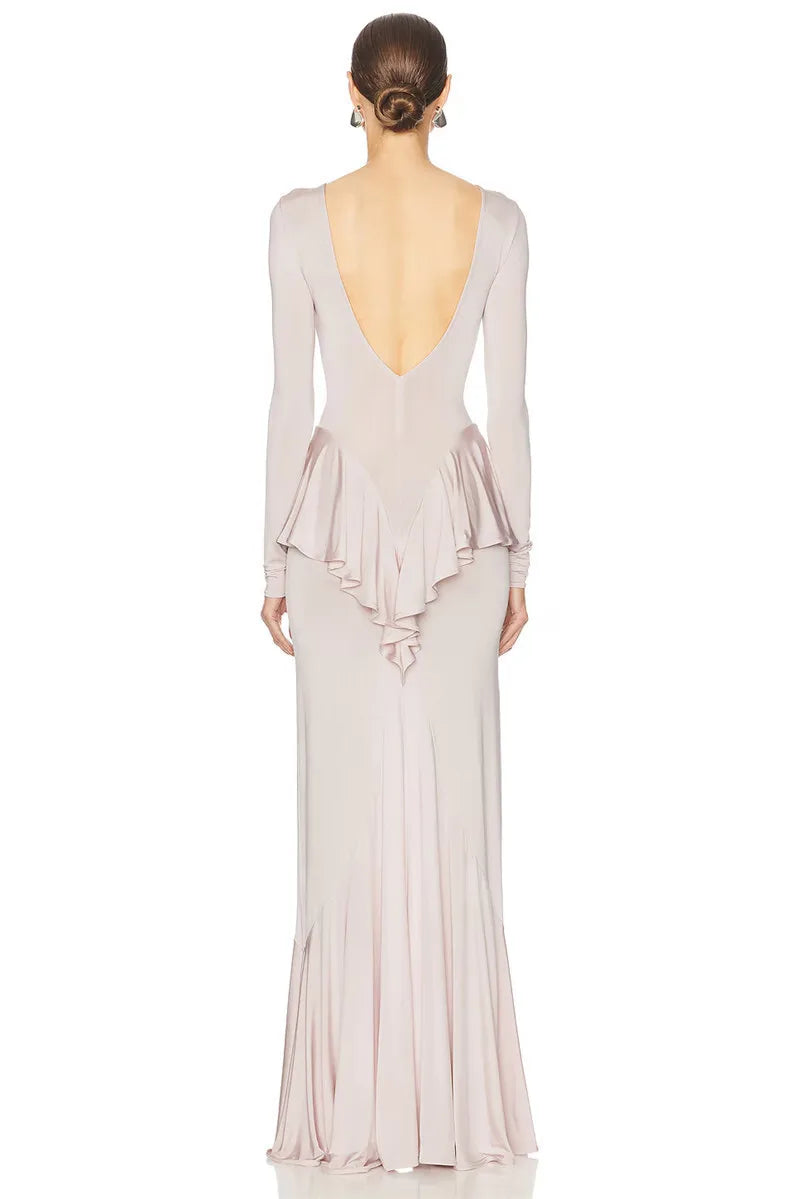 Sexy Backless Ruffled Maxi Dress for Women - Elegant O-Neck Long Sleeve Evening Gown with Thigh High Split | Perfect for Prom, Wedding Guest & Cocktail Parties