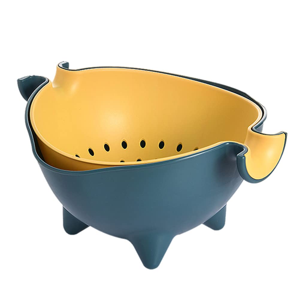 Cabilock Double Layer Rotating Fruit & Vegetable Washing Basket with Filter - Strainer Bowl for Kitchen, Salad Prep, Berry Cleaning (Yellow & Blue) - Perfect for Washing Produce, Draining Pasta, and Meal Prep