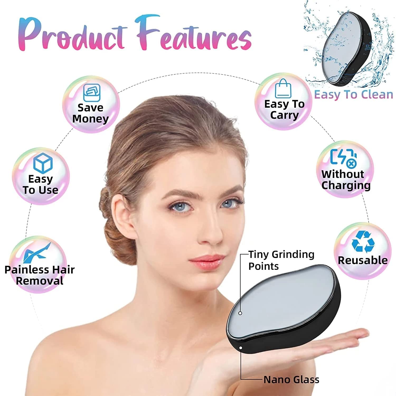 QUIQSHIPP Crystal Hair Eraser - Painless Hair Removal Tool for Women & Men | Washable & Reusable Exfoliator for Arms, Legs & Back | No Shaving Required for Smooth Skin | Perfect for Home Spa & Travel Use