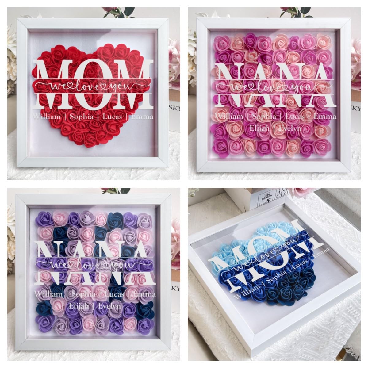 Personalized Heart Shaped Flower Shadow Box - Custom Name Frame for Mom, Grandma & Family - Mother's Day, Valentine's Day, Anniversary & Birthday Gift (10x10in/25x25cm) - Perfect for Home Decor, Nursery Wall Art & Sentimental Keepsakes