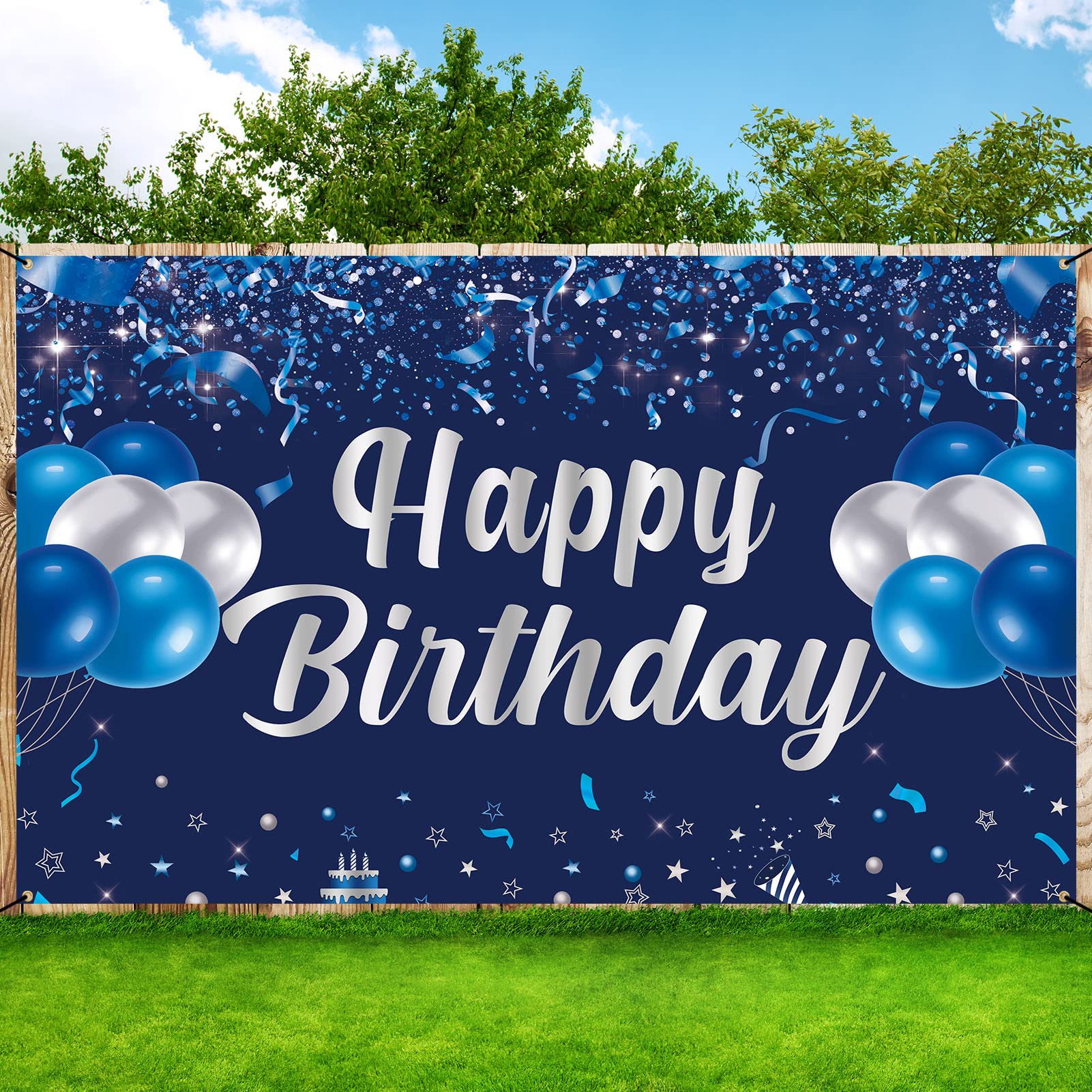 Blue and Silver Happy Birthday Banner Backdrop - Party Decorations for Men, Women, Kids - Indoor/Outdoor Photo Background - Perfect for Birthday Parties, Celebrations & Gift Giving