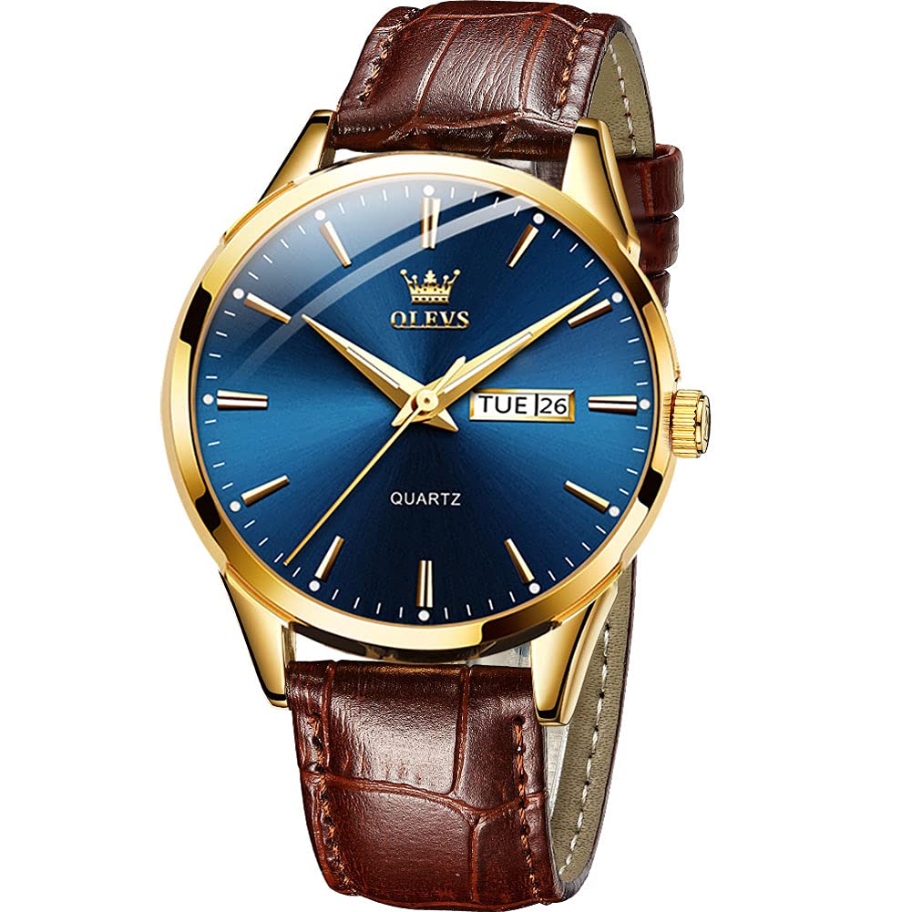 OLEVS Men's Brown Leather Watch - Rose Gold Quartz, Waterproof & Luminous for Dress & Daily Wear