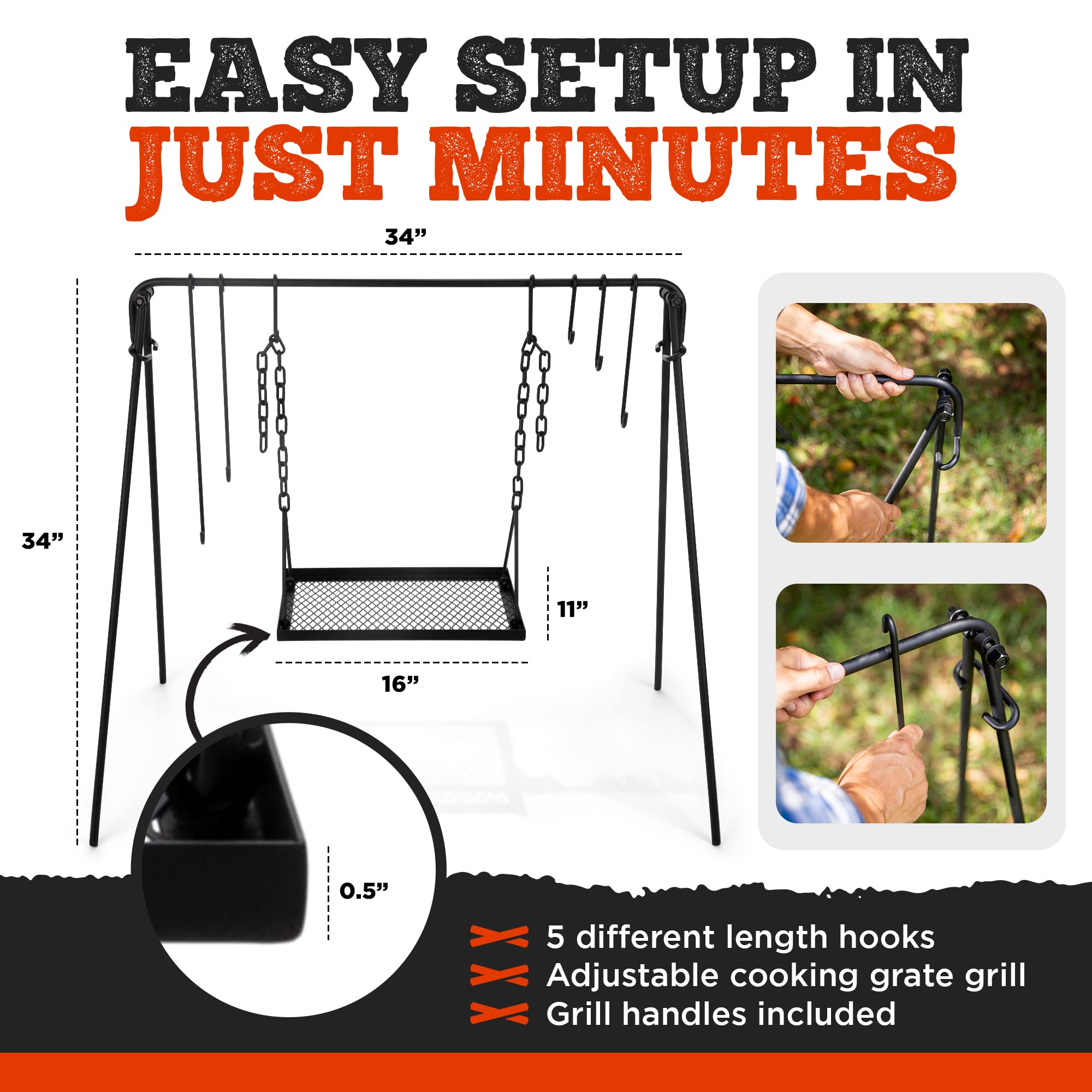 Bruntmor Adjustable Campfire Grill Stand - Portable Swing Cooking Tripod for Dutch Oven & BBQ, Collapsible Legs with Hooks, Accessories & Carry Case (Black) - Perfect for Outdoor Camping, Backyard Grilling and Picnic Cooking