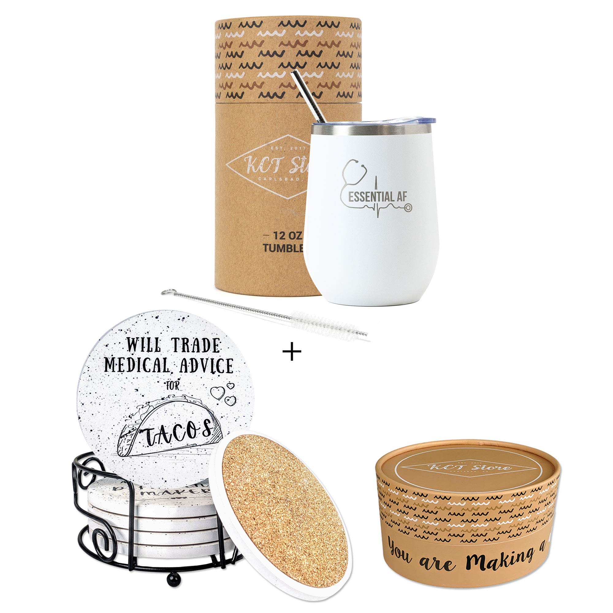 Absorbent Ceramic Coasters with Cork Base - Perfect Nurse, Doctor & Medical Gifts for Women & Men | Stainless Steel Double Walled Wine & Coffee Tumbler - Ideal for Hospitals, Clinics & Home Use