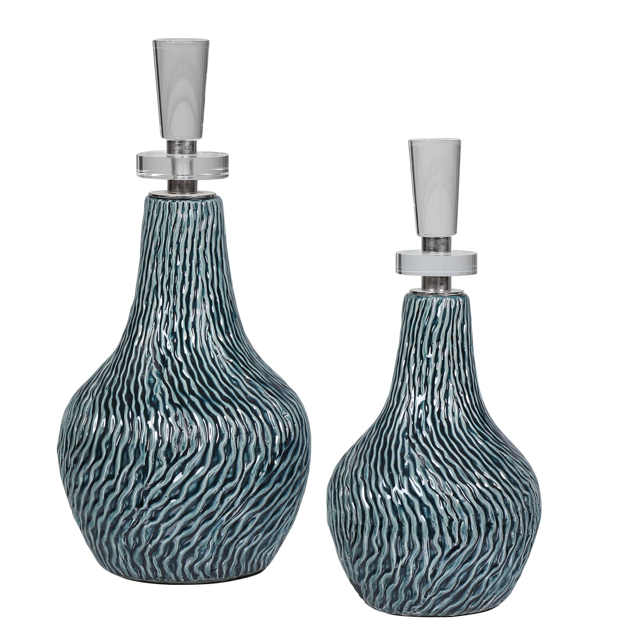Modern Home Decor Set of 2 Teal Blue and Silver Glass Vases - 16 Inch Tall Decorative Bottles for Living Room, Dining Table, Wedding Centerpiece & Shelf Display