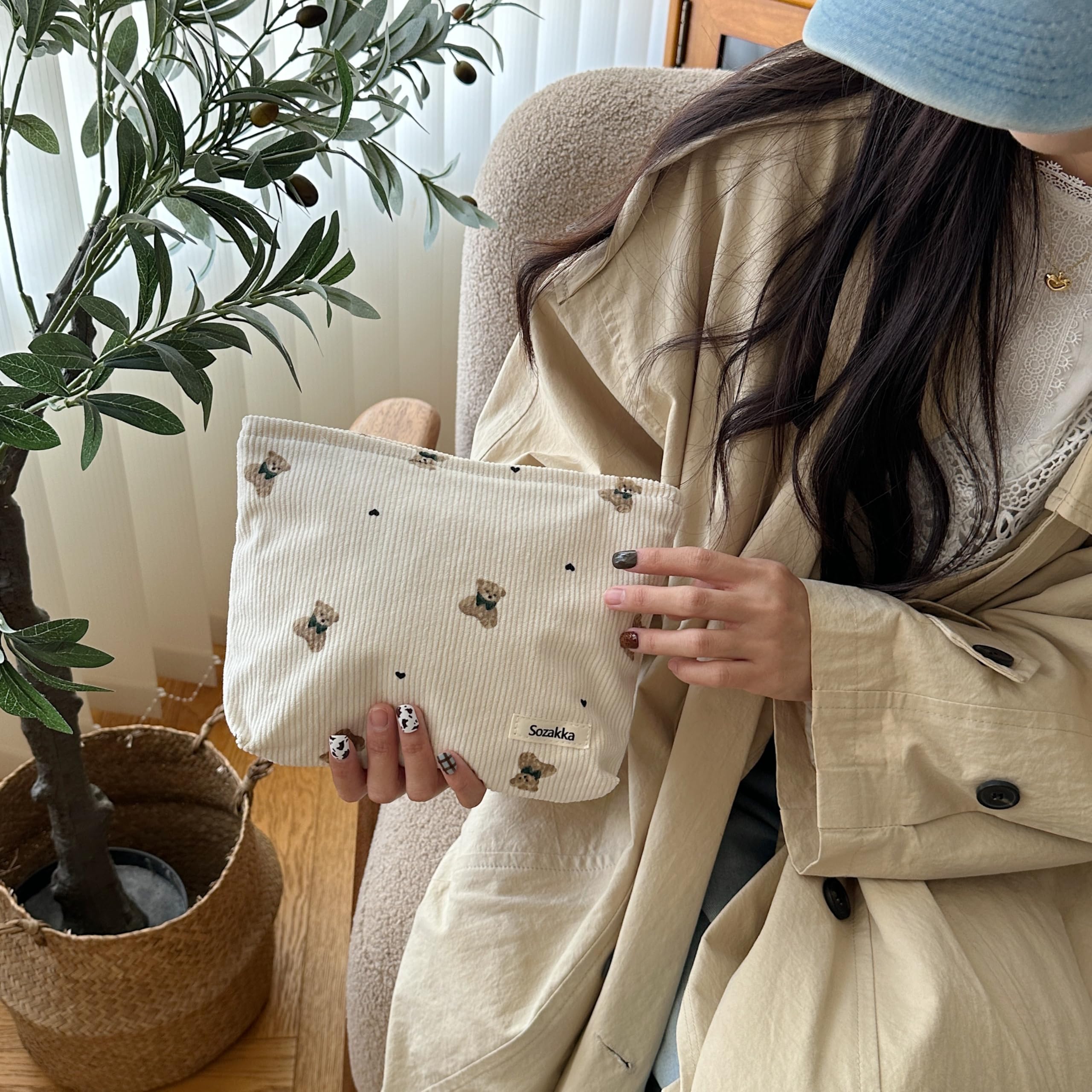 Corduroy Makeup Bag for Women - Large Cosmetic Organizer with Zipper, Cute Bear Design, Travel Makeup Pouch for Girls (Beige) | Perfect for Travel, Gym, School & Daily Essentials Storage