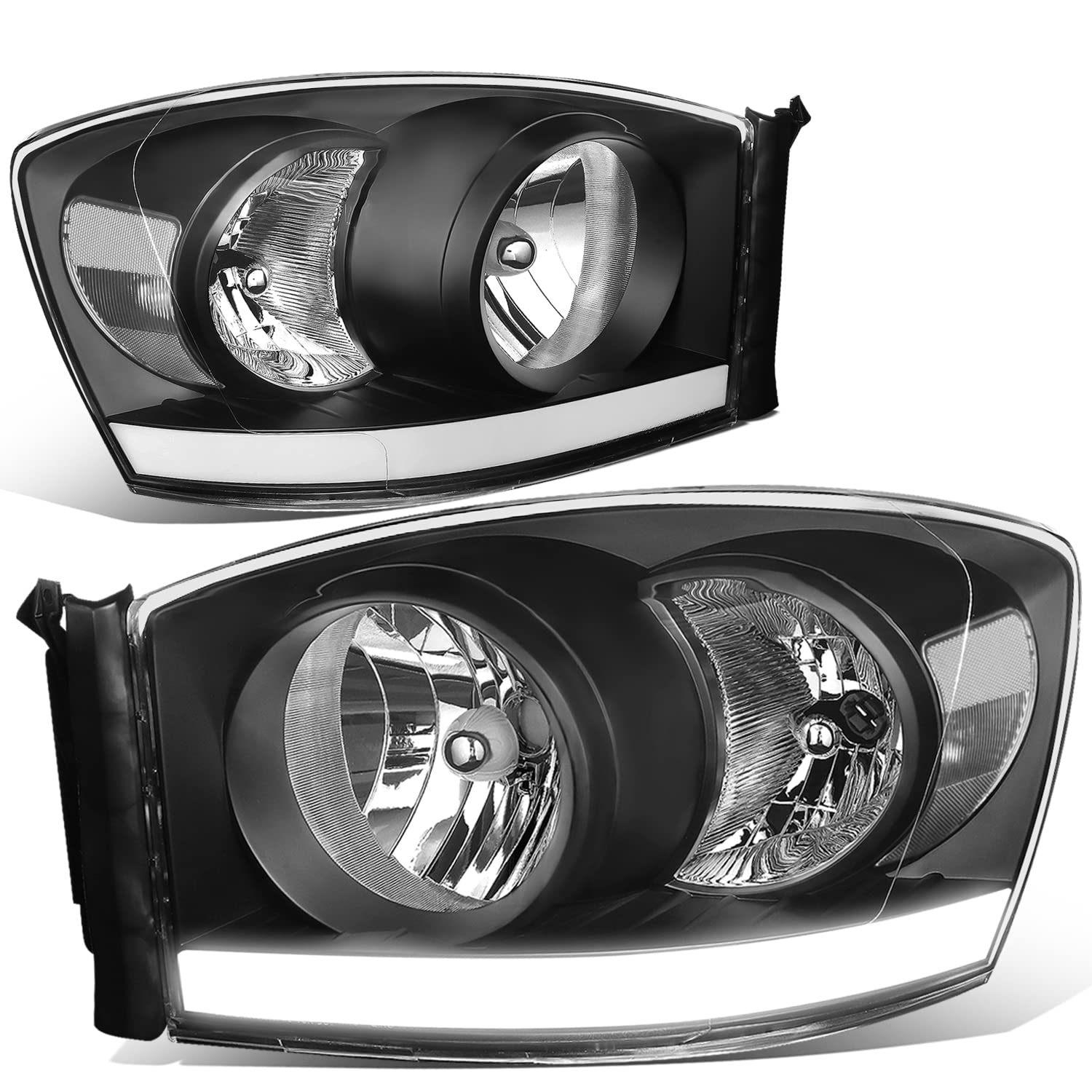 DNA MOTORING Black Headlights for 06-09 Dodge Ram - LED Light Bar Replacement for Off-Road & Night Driving