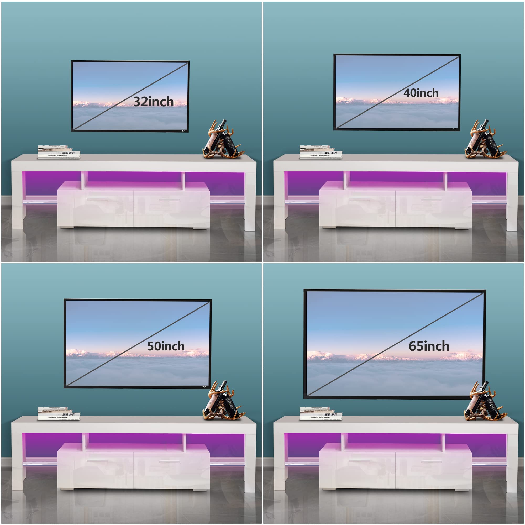 Modern LED TV Stand with 20-Color Remote Control Lights - High Gloss 70 Inch Entertainment Center with Storage Shelves & 2 Drawers - Living Room TV Cabinet for Home Theater & Gaming Setup (White)