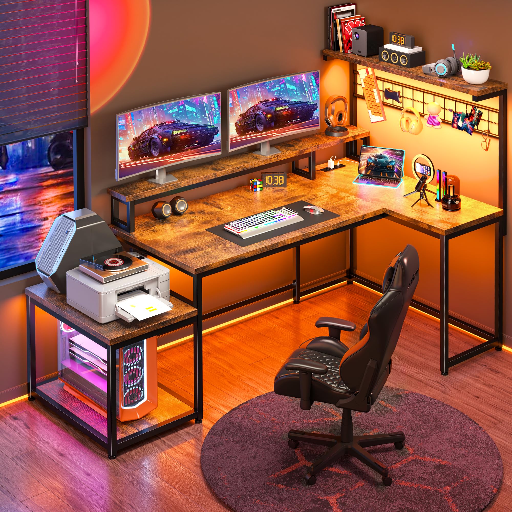 EnHomee L-Shaped Gaming Desk with Shelves, LED Lights & Power Outlets - Rustic Brown Computer Workstation for Home Office & Gaming Setup