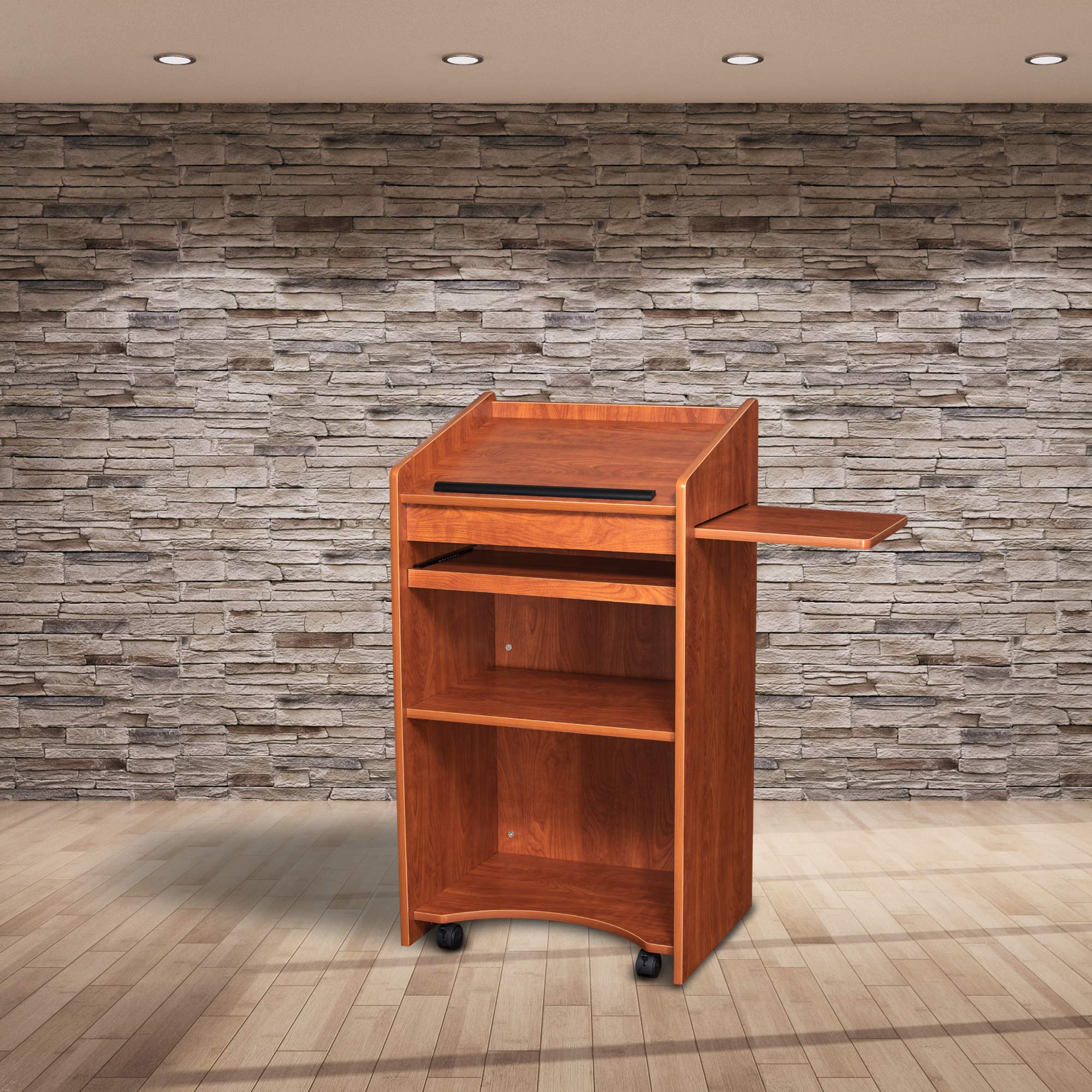 OEF Furnishings Mobile Floor Lectern with Side Shelf & Keyboard Tray - Cherry Wood Adjustable Standing Podium for Church, Classroom, or Office Presentations