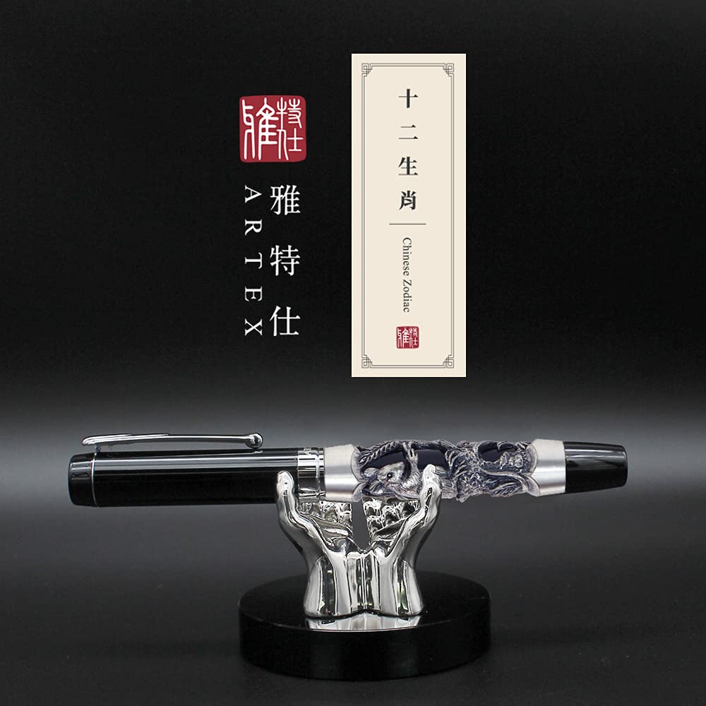 ARTEX Luxury Craft Fountain Pen with Germany Schmidt Nib - Relievo Zodiac Eastern Style Writing Instrument for Professionals & Executives - Metal Pen with Gift Box & Free Engraving (Ancient Silver Rat Design 14.2x1.6cm) - Perfect for Office Use, Business Gifts & Calligraphy Enthusiasts