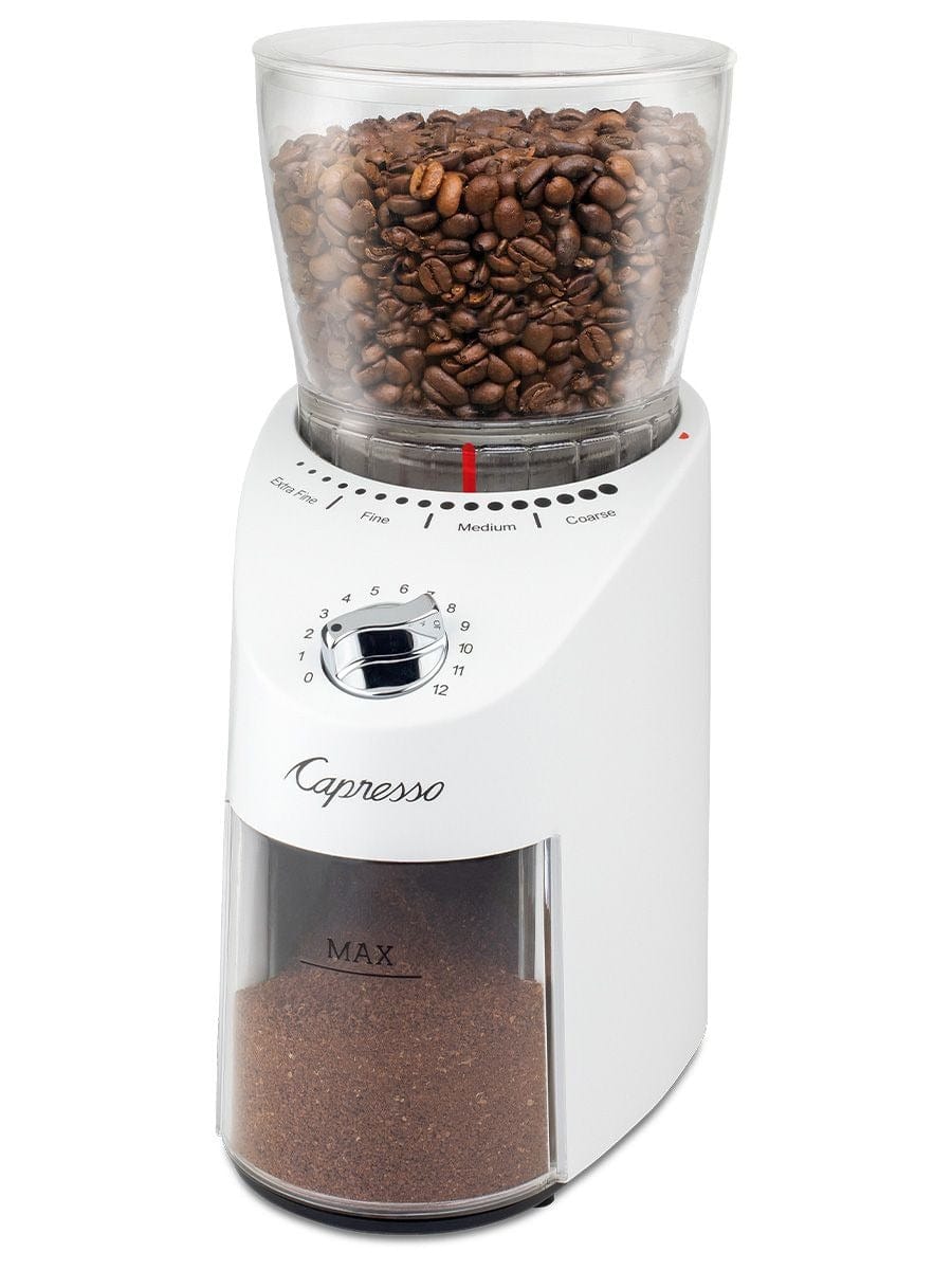 Premium Capresso Infinity Plus Conical Burr Coffee Grinder - White | Fresh Ground Coffee for Espresso, Drip, French Press & Cold Brew | Perfect for Home & Office Use