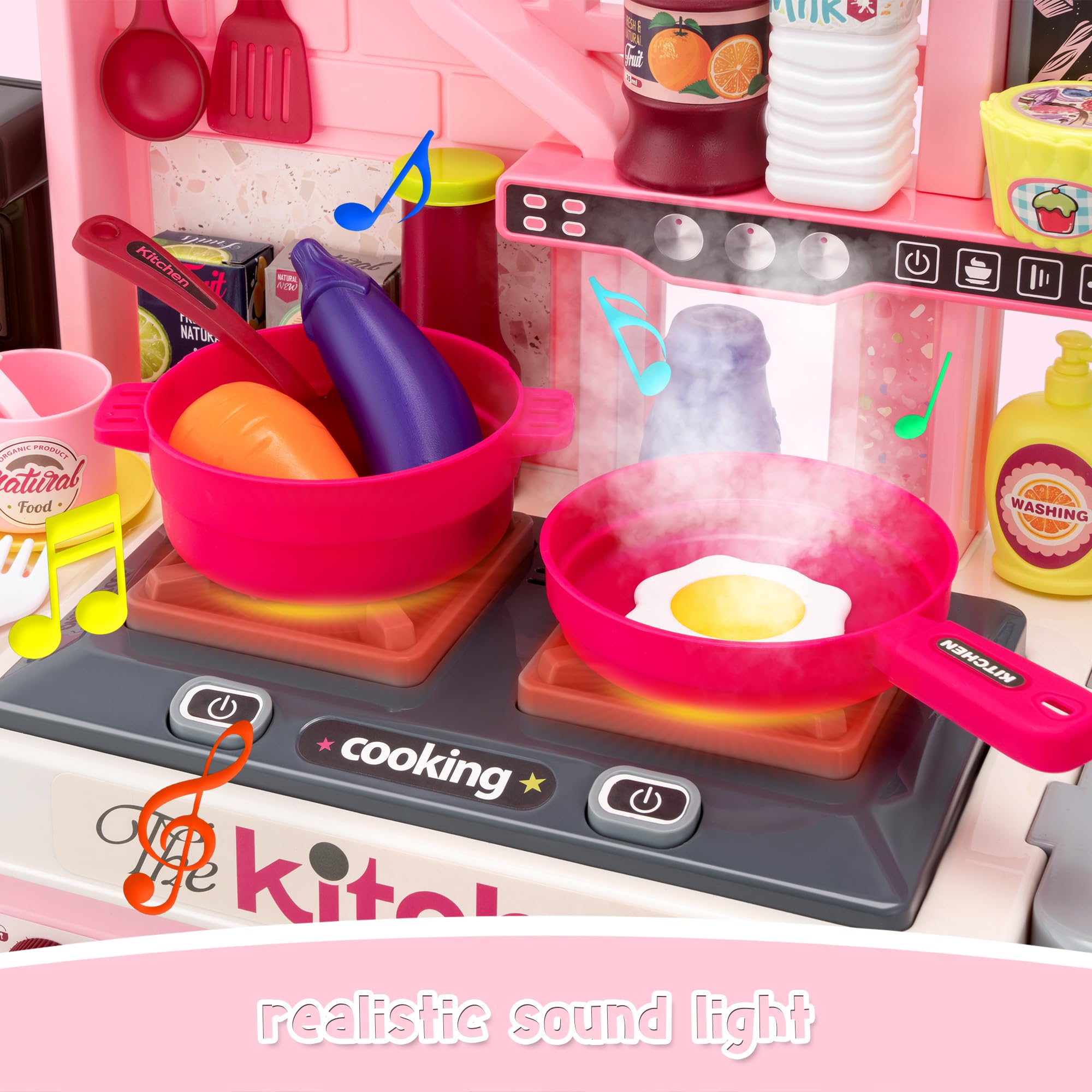 **53-Piece Kids Kitchen Playset with Stove, Sink & Oven - Realistic Lights & Sounds, Pretend Play Toys for Toddlers Ages 1-3 (Pink) - Perfect for Imaginative Role-Playing & Early Learning**