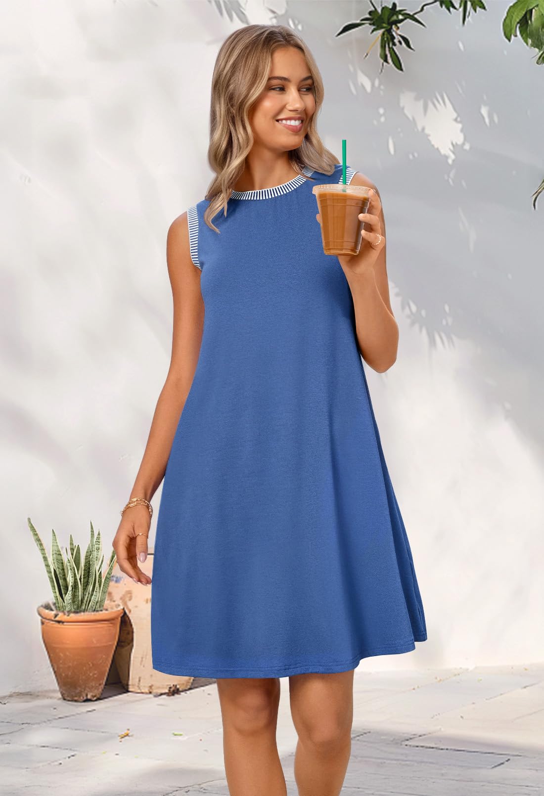 MEROKEETY Women's Sleeveless Sundress - Summer Spring Casual Mini Dress, Beach Vacation Coverup, Crewneck Tank Dress for Outing, Travel, and Daily Wear