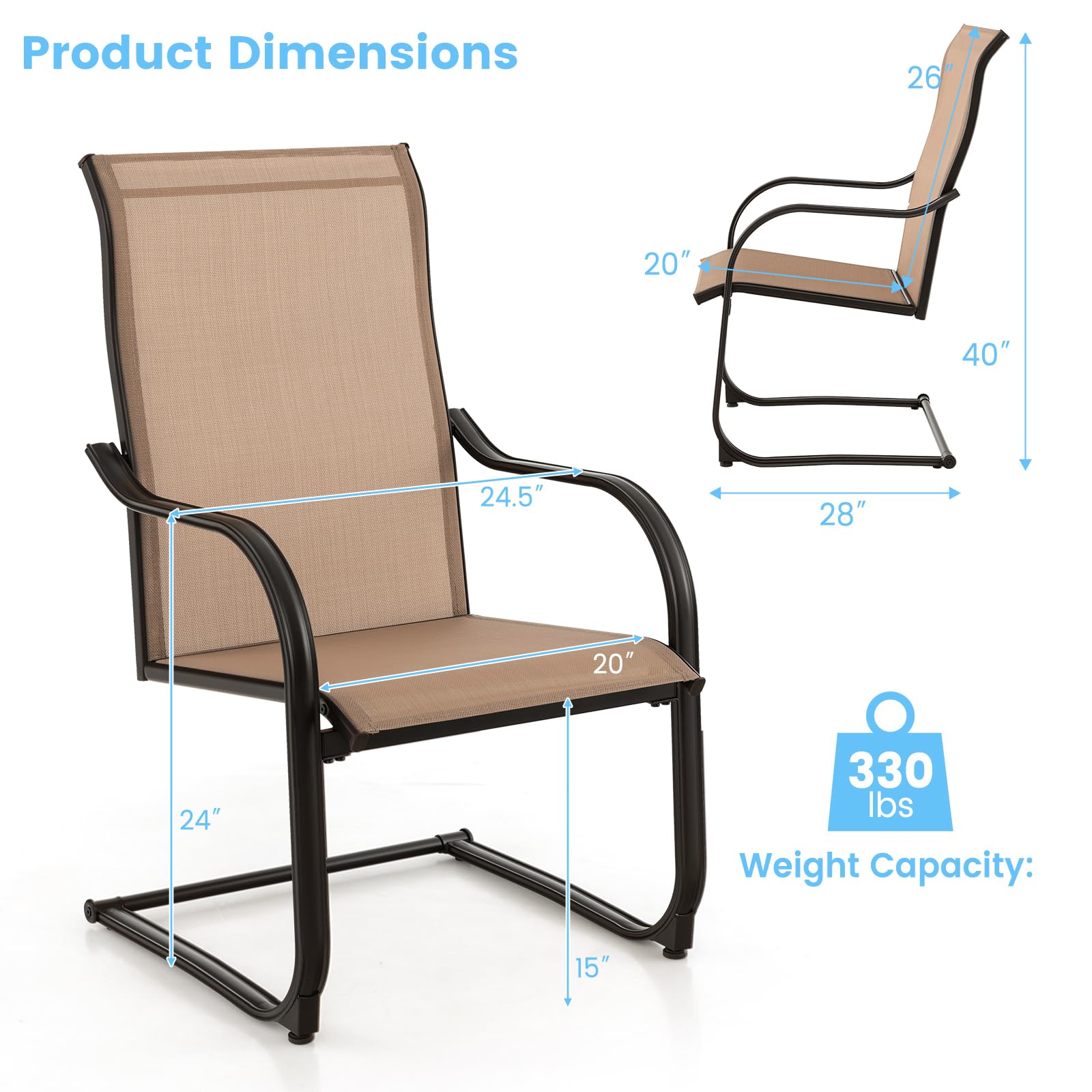 Tangkula 2-Piece Outdoor Dining Chairs Set - Patio C-Spring Motion Chairs with Breathable Fabric & Heavy-Duty Metal Frame - Comfortable High Back Chairs for Backyard, Porch, Poolside, Garden (Brown) - Perfect for Relaxing, Entertaining & Outdoor Dining