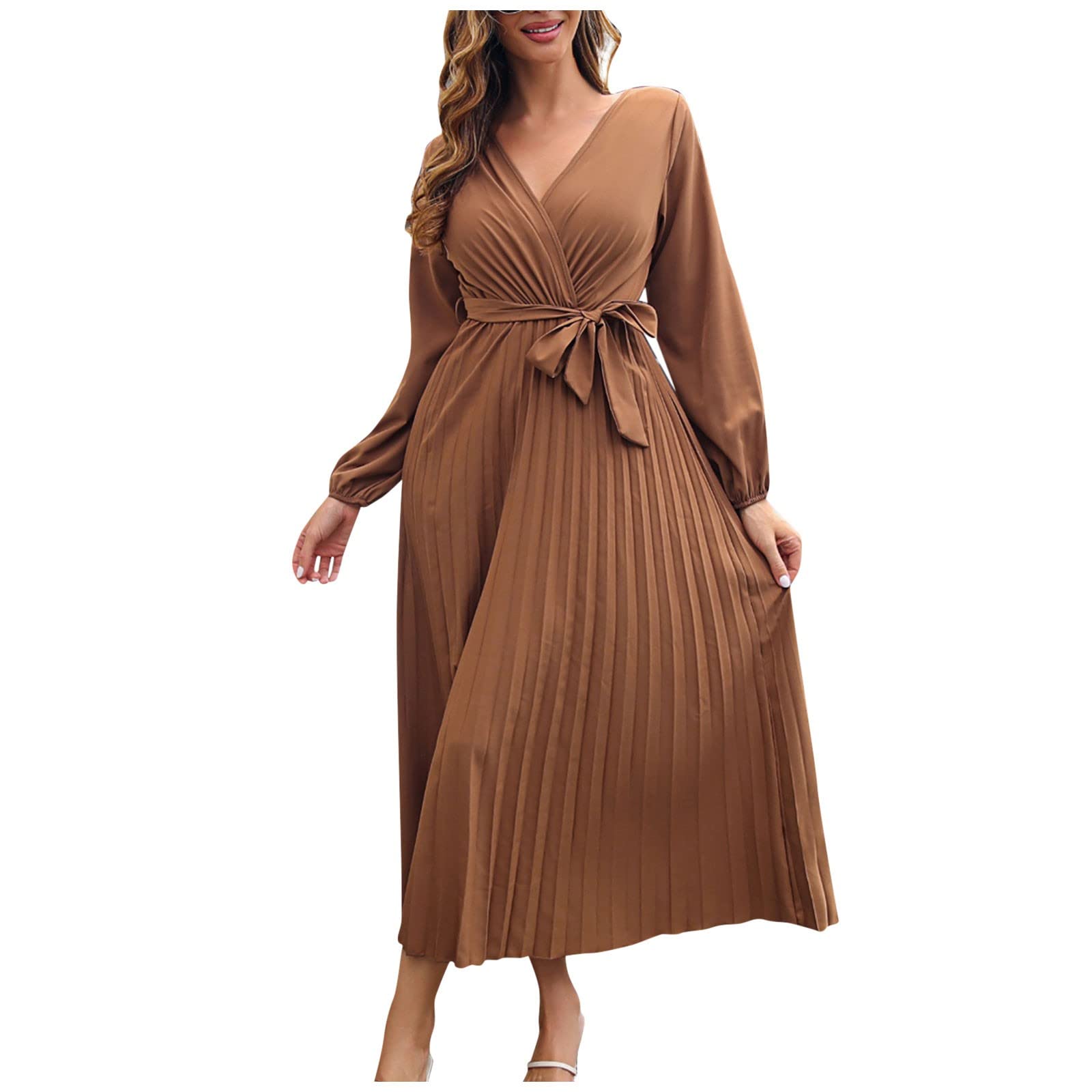 2023 Women's Summer Dresses - V-Neck Long Sleeve Pleated Swing Dress for Casual & Cocktail Wear | Beach Outings, Date Nights & Office Attire