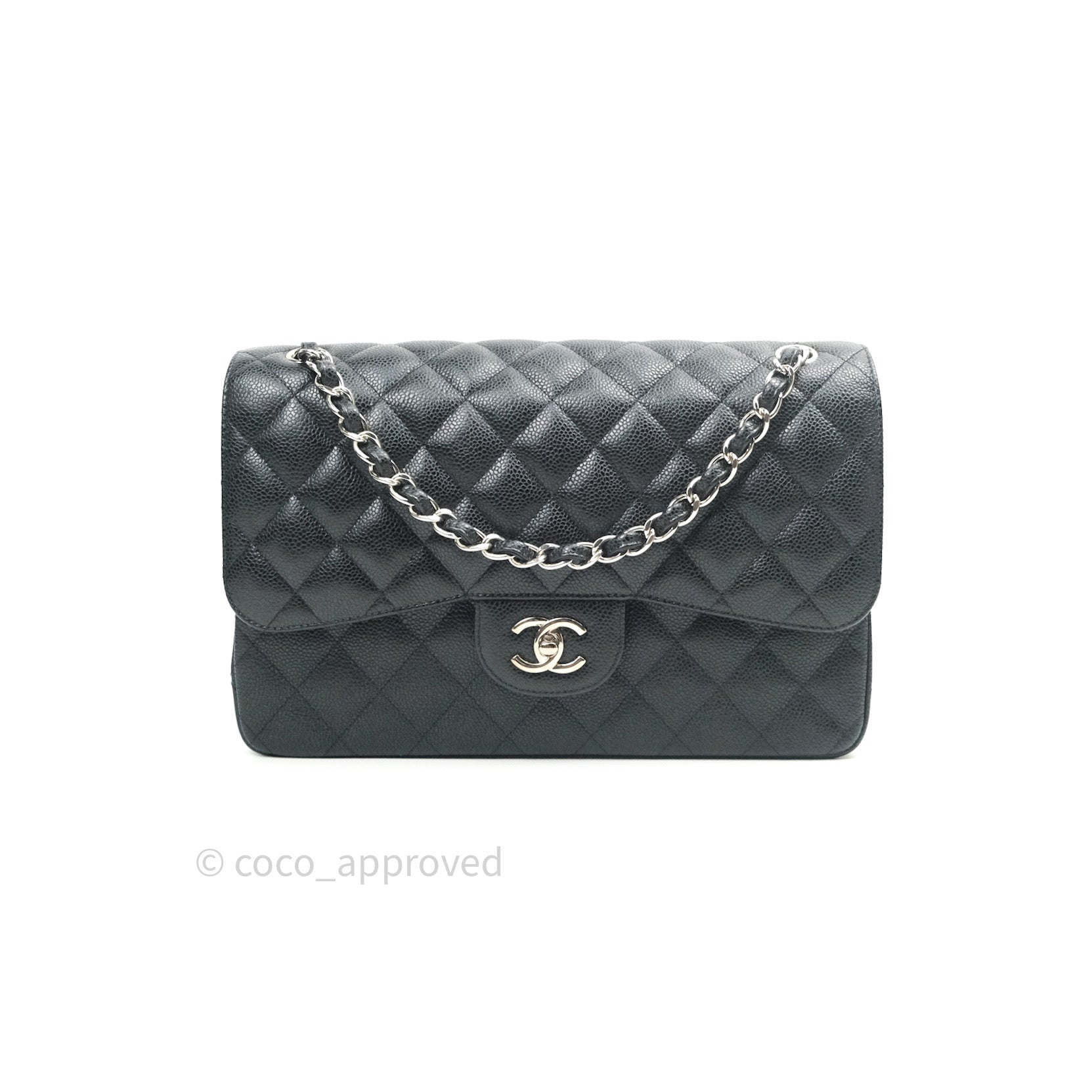 Chanel Classic Jumbo Double Flap Bag in Black Caviar Leather with Silver Hardware | Luxury Designer Handbag for Women | Perfect for Evening Events, Work & Special Occasions