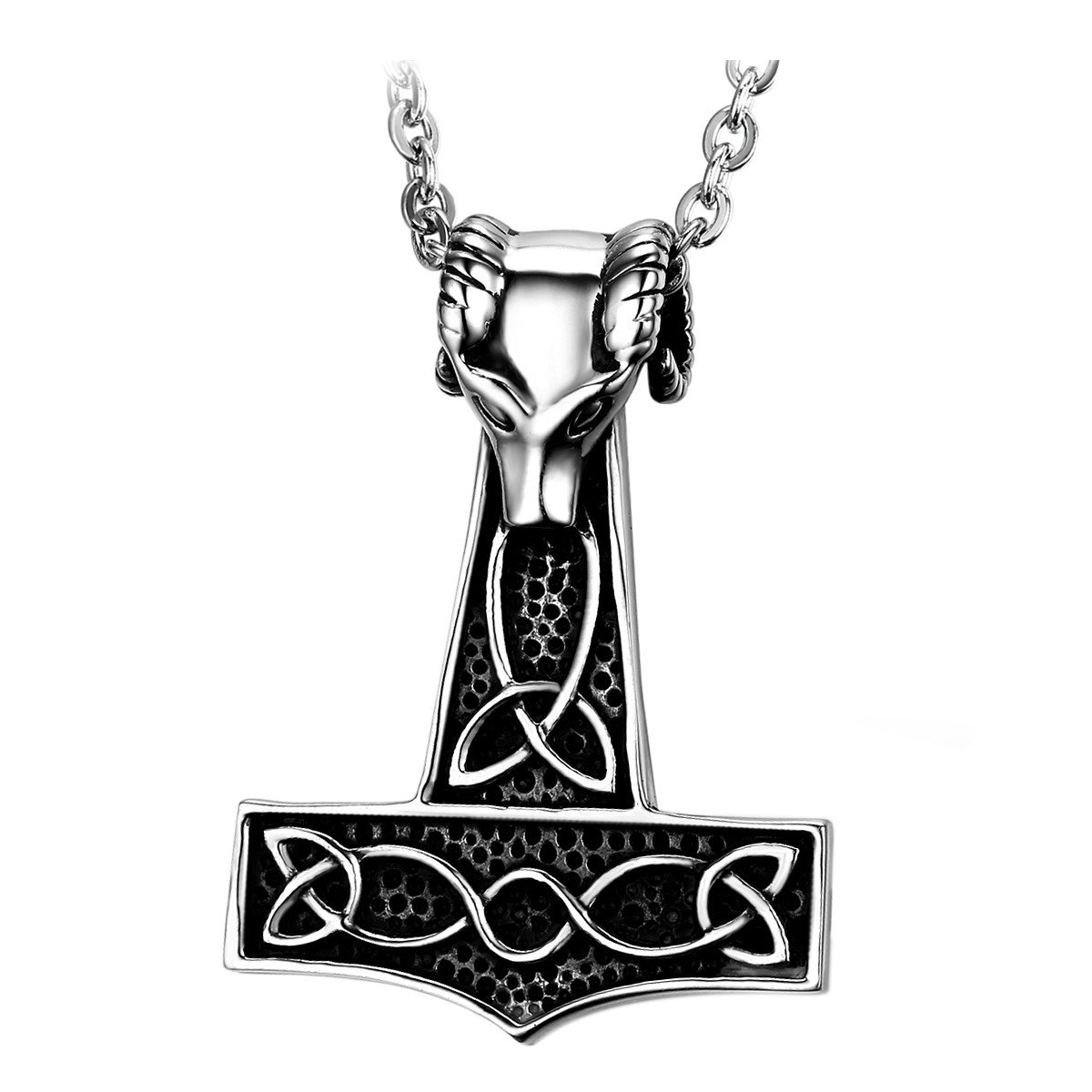 Flongo Men's Biker Stainless Steel Celtic Knot Thor Hammer Silver Wolf Head Pendant Necklace - 22 Inch Chain, Viking Jewelry for Men - Perfect for Motorcycle Riders, Viking Cosplay, and Norse Mythology Enthusiasts