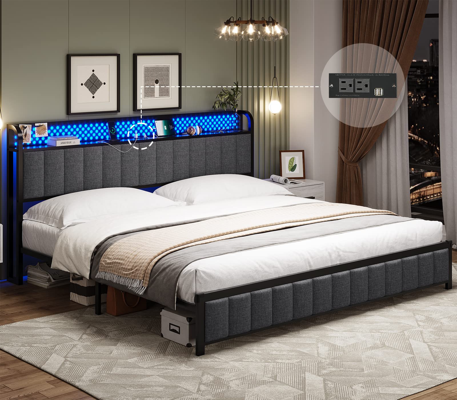 King Size Bed Frame with Storage Headboard - Built-in Shelf, Power Outlet & RGB Lighting, Pegboard Design, Linen Upholstered Platform Bed, Reinforced 2-Row Mid-Beams, No Box Spring Required (Dark Grey) - Perfect for Modern Bedrooms, Guest Rooms & Small Spaces with Storage Needs