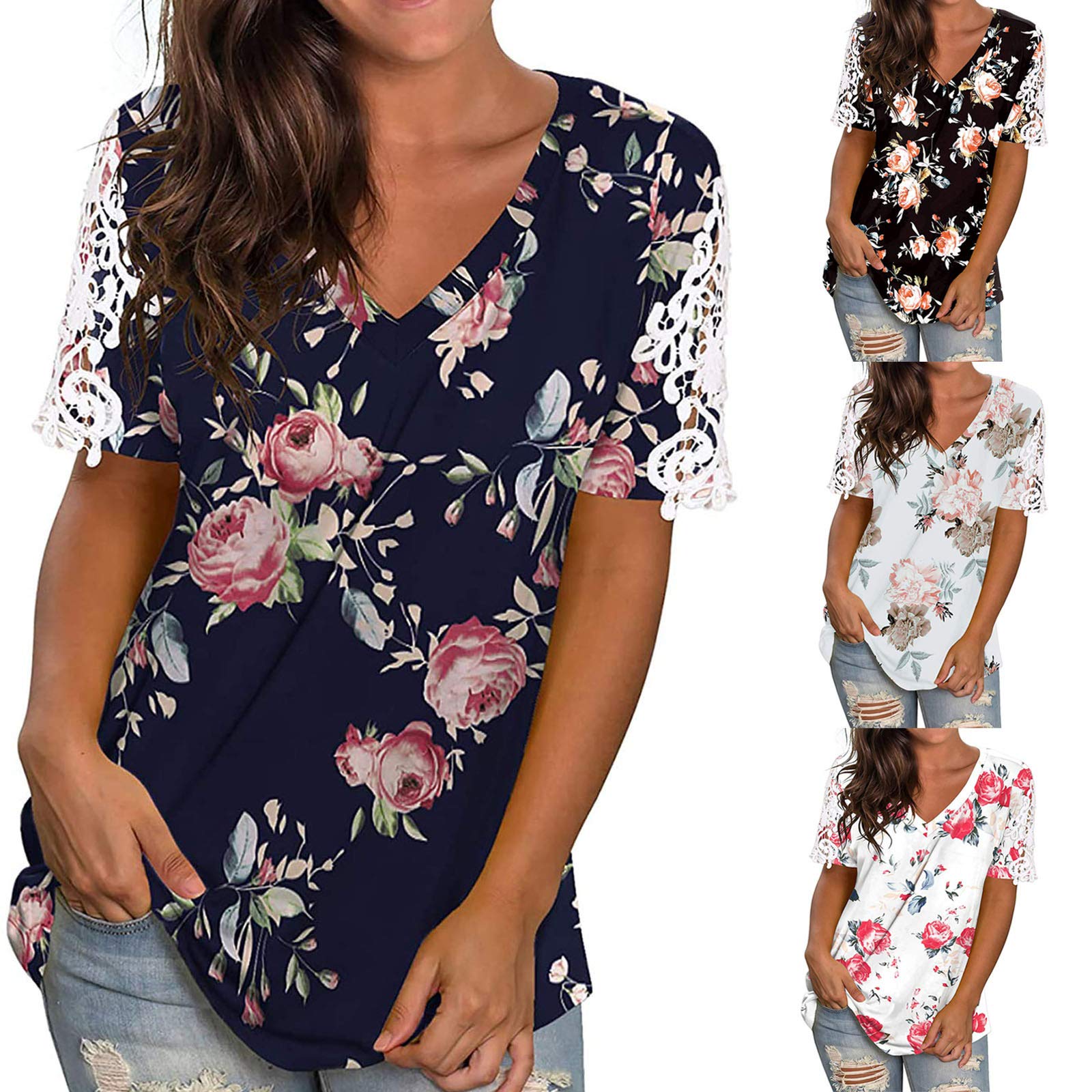 Women's Summer Short Sleeve V-Neck T-Shirts - Loose Fit Casual Lace Tops for Workout, Beach & Everyday Wear | Breathable Comfortable Basic Tees